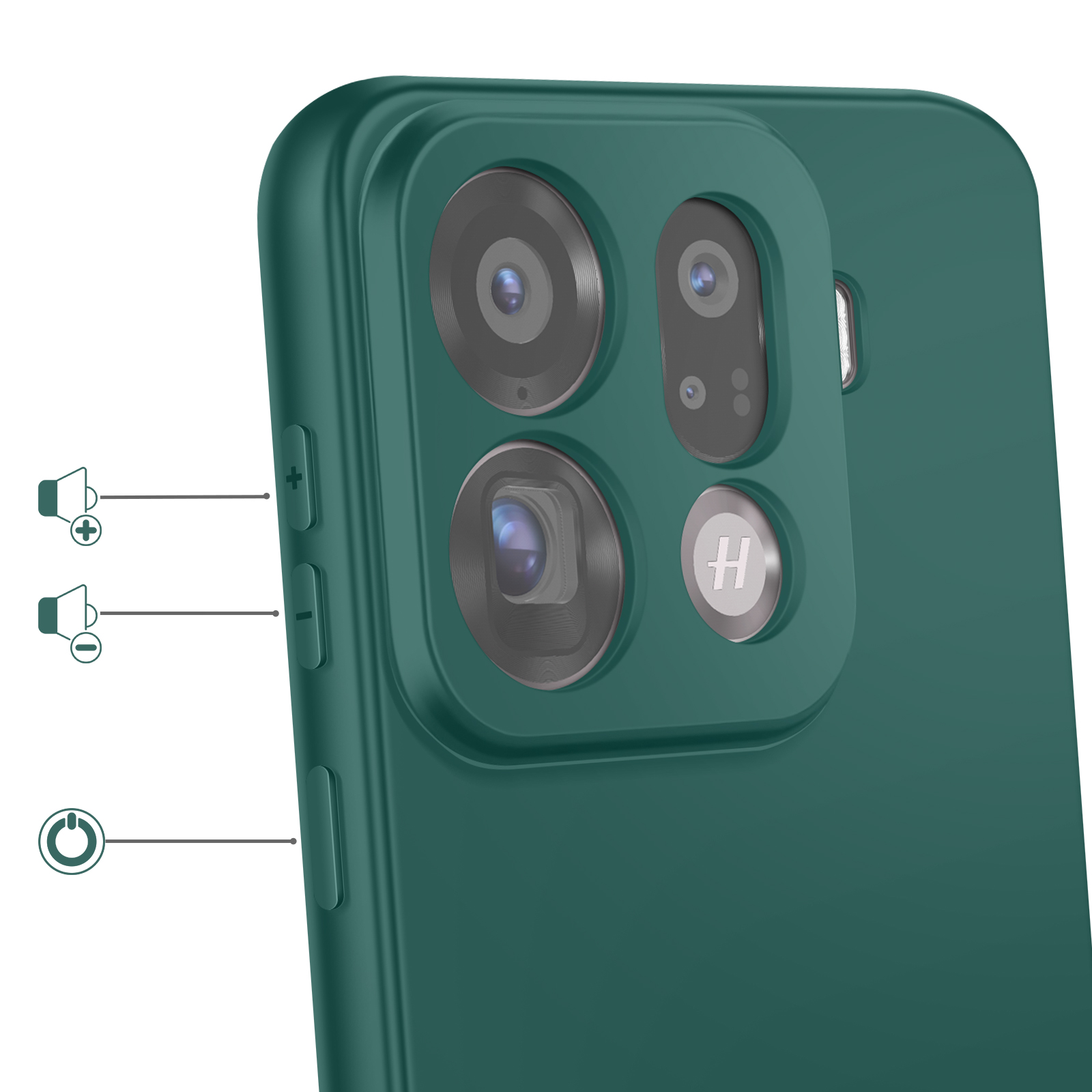 Rückseite eines grünen Smartphones mit drei Kameras und Lautstärketasten.