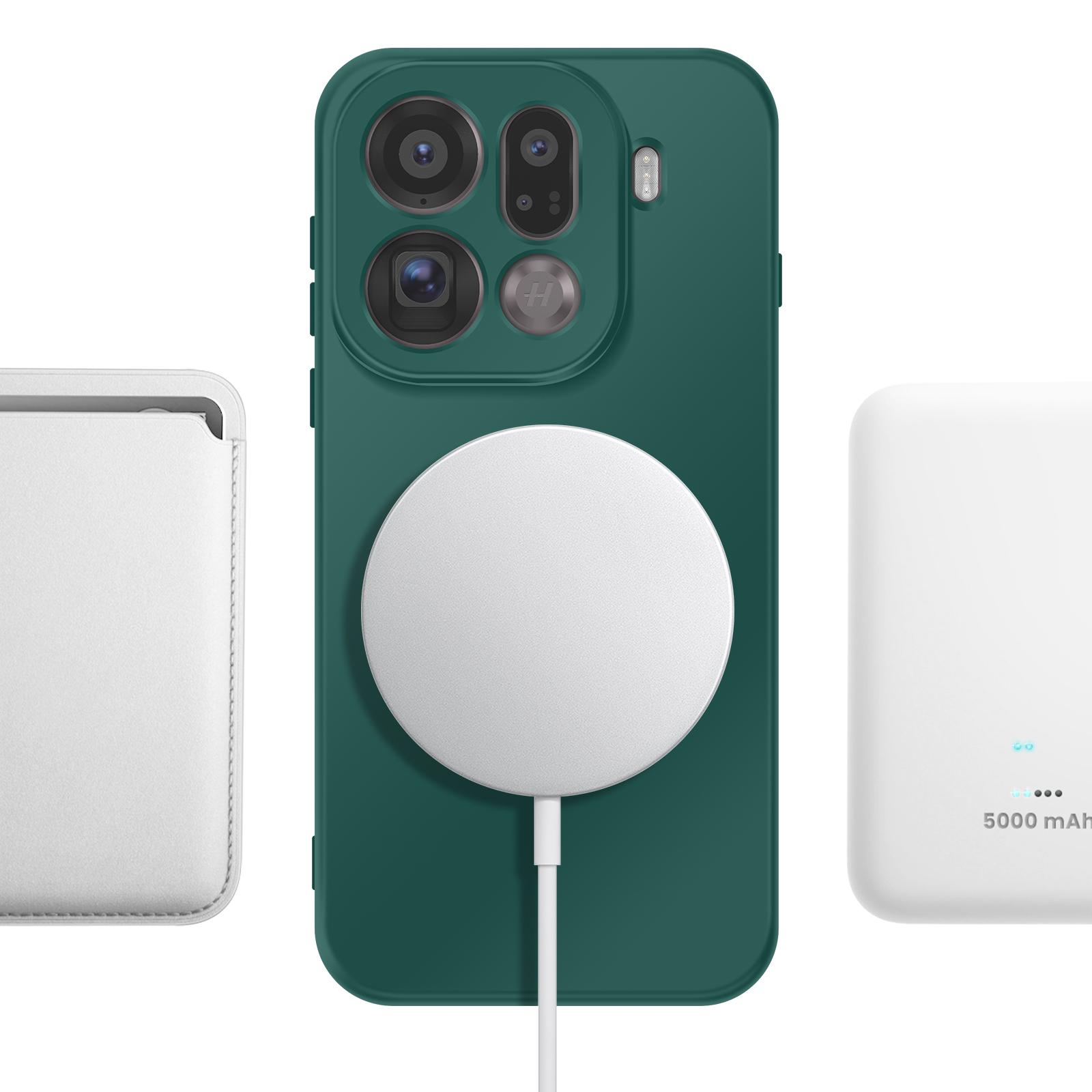 Drei Handy-Accessoires: weiße Hülle, grüne Handyhülle mit Ladekreis, weiße Powerbank.