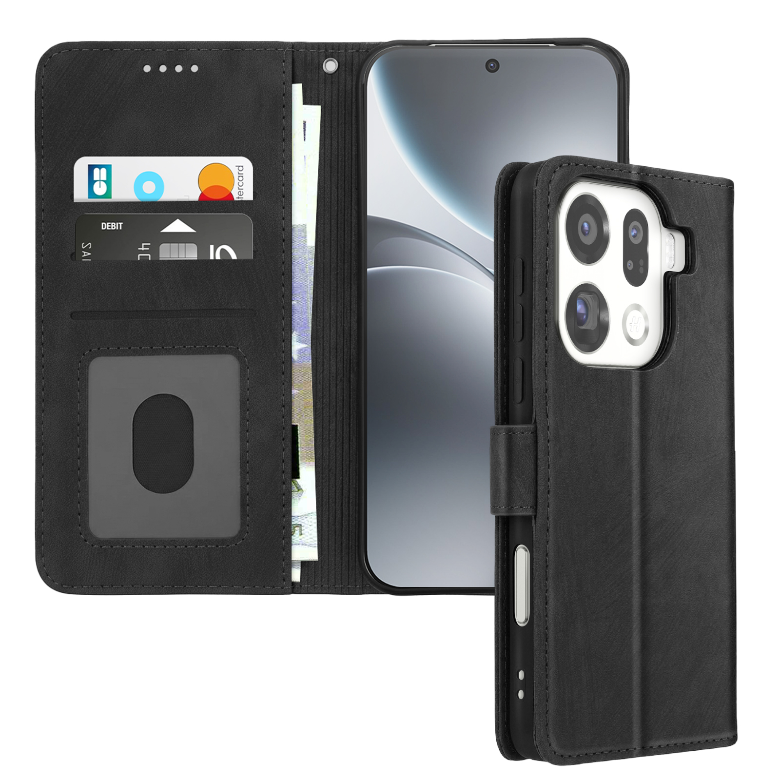 Funda tipo libro de cuero negro con teléfono, tarjetas y billetes.