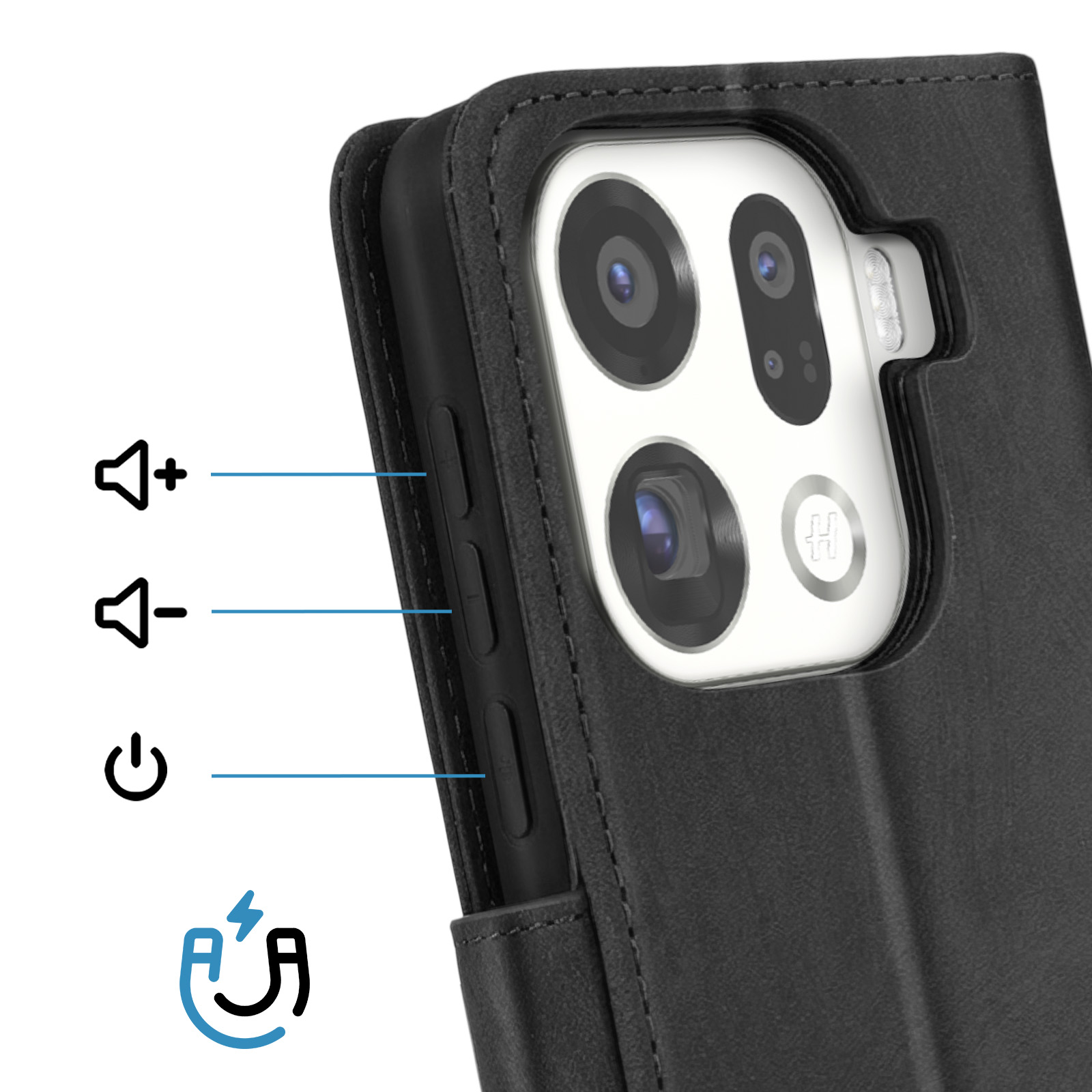 Funda de teléfono negra con recorte de cámara e iconos de volumen y energía.