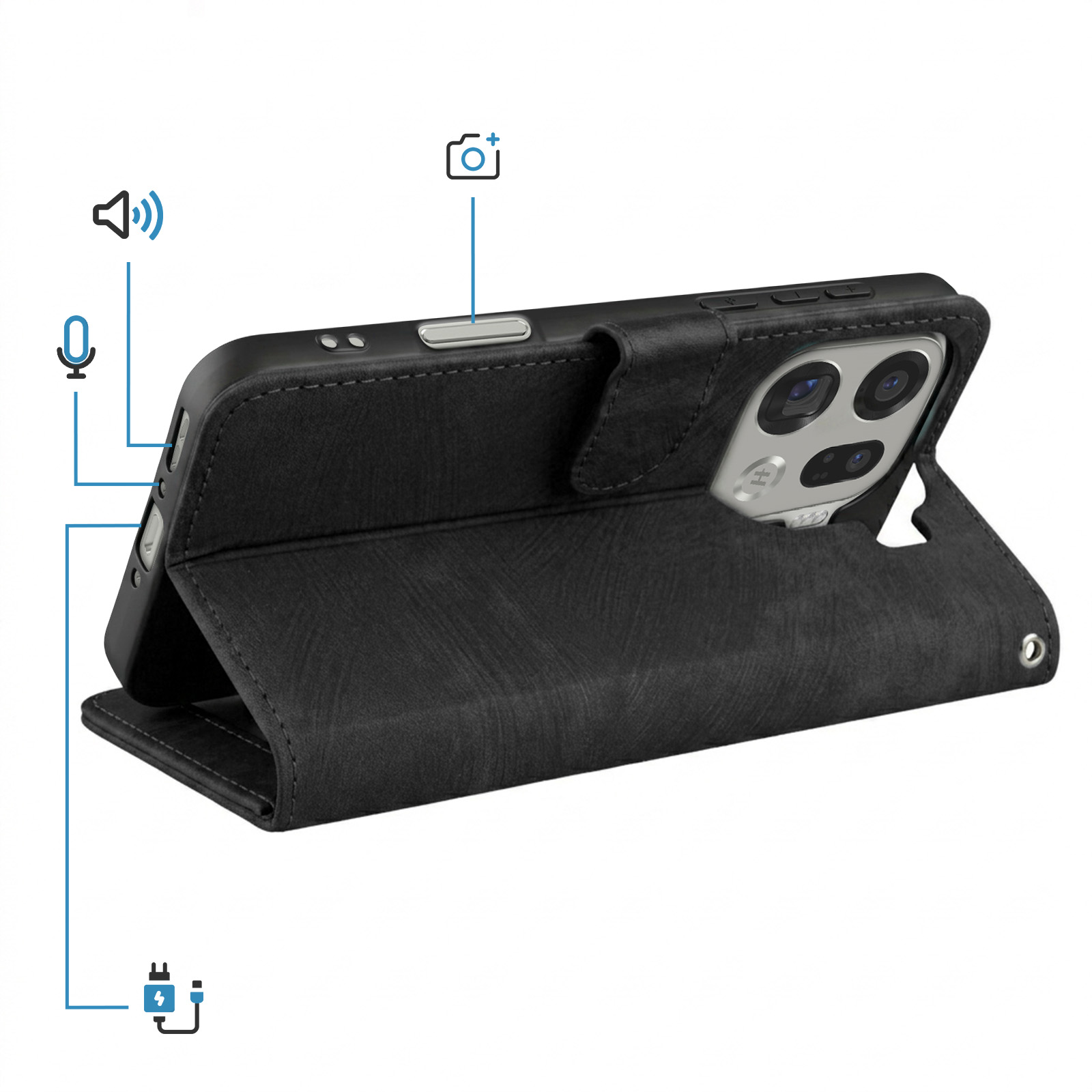 Funda de teléfono negra con iconos de cámara, micrófono, volumen y puerto de carga.
