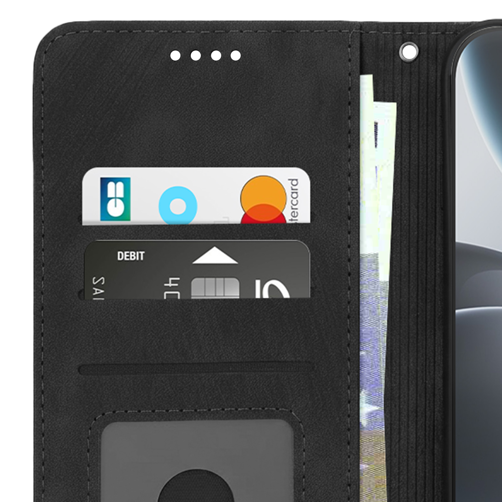Funda de teléfono negra con ranuras para tarjetas: una tarjeta de crédito y una de débito.