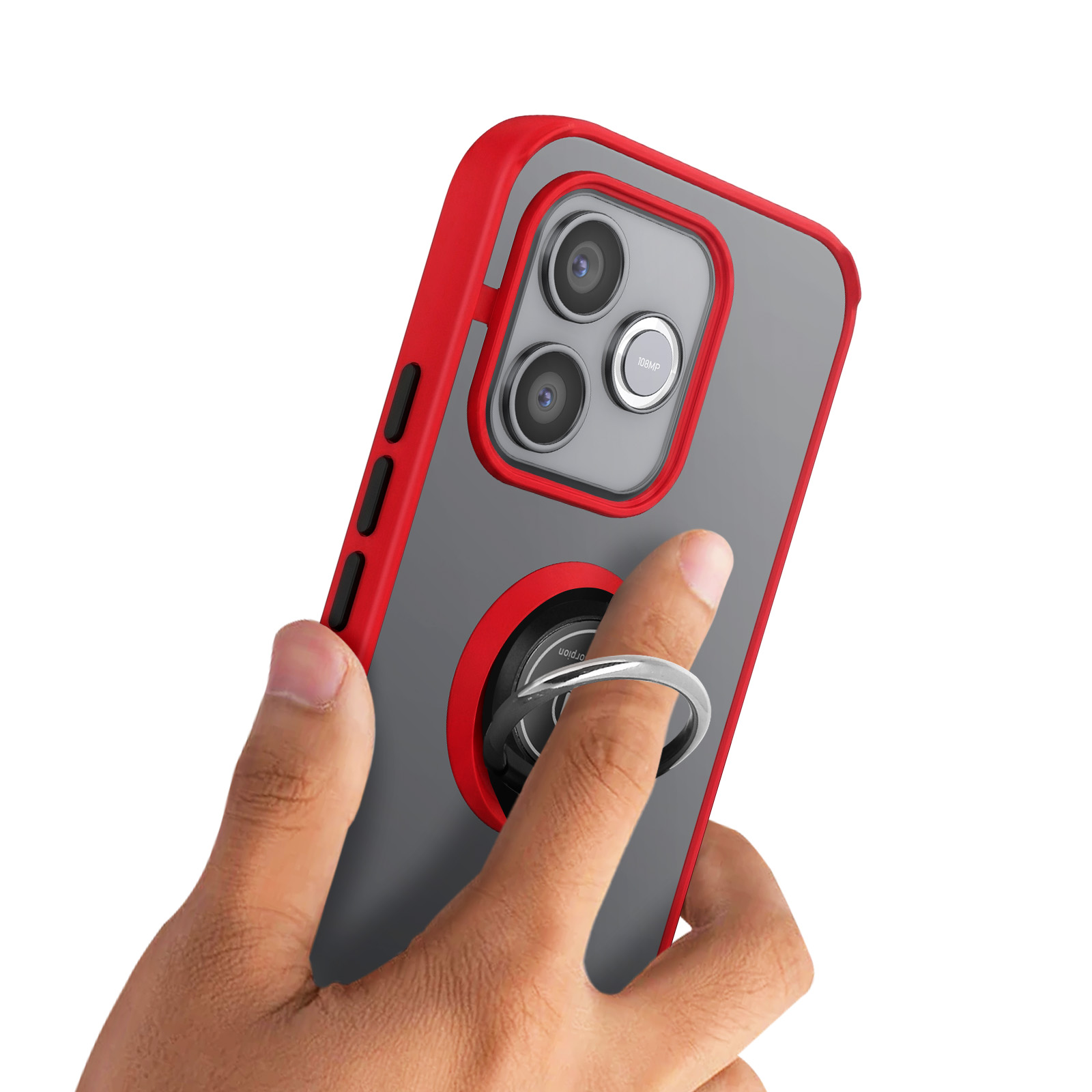 Eine Hand hält ein Smartphone mit rotem Rahmen und Ringhalter. Kameras auf der Rückseite.