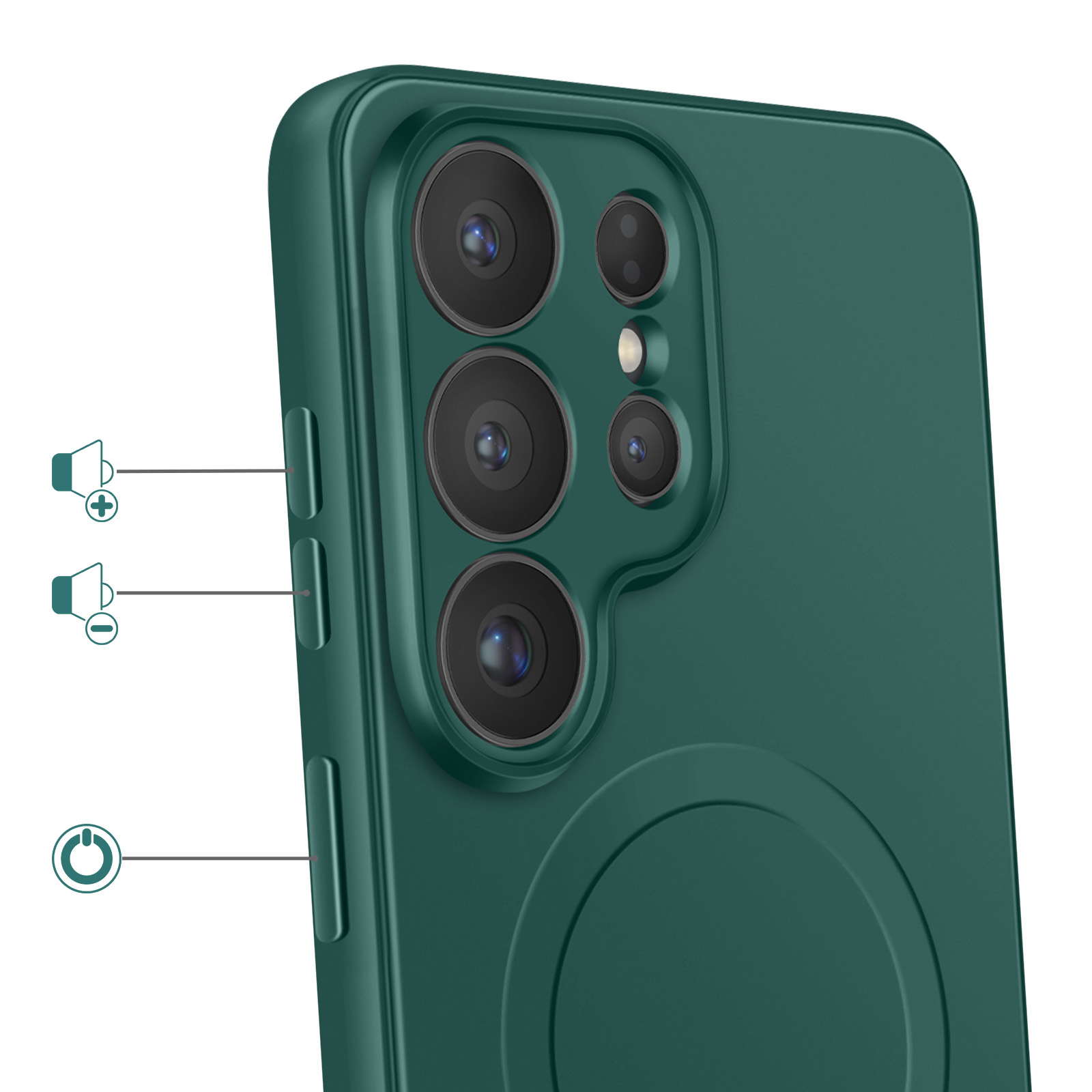 Dunkelgrüne Handyhülle mit vier Kameras und Tastenbedienung.