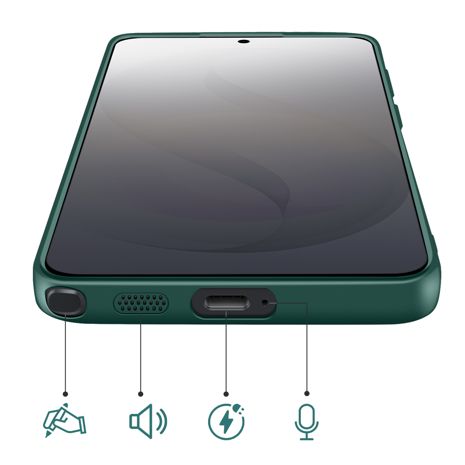 Grüne Handyhülle mit unteren Anschlüssen: Stift, Lautsprecher, USB-C, Mikrofon.