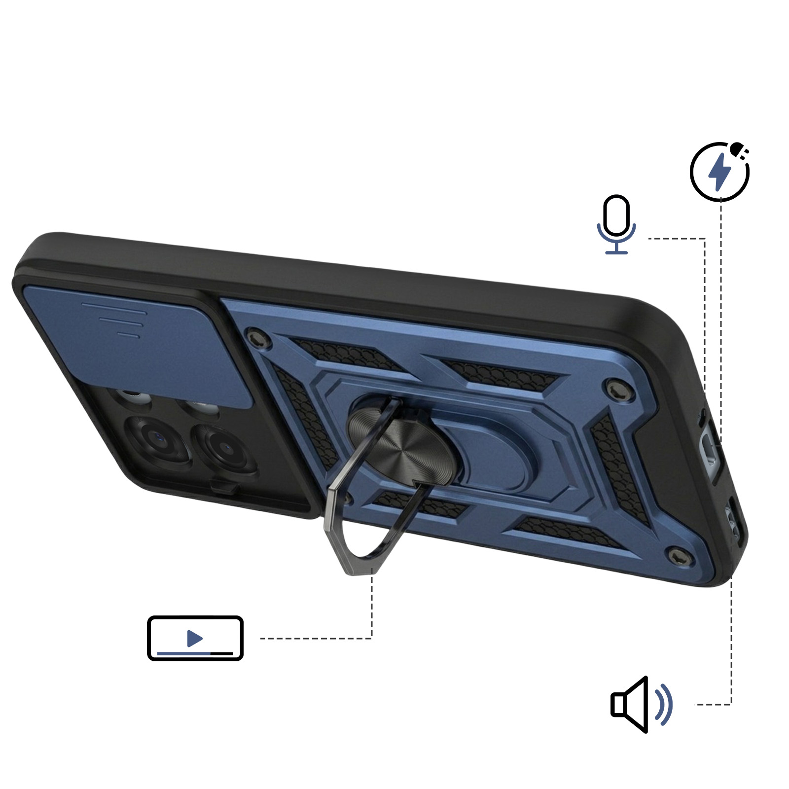 Eine blaue Handyhülle mit Ständer, Ring und Kameraabdeckung.