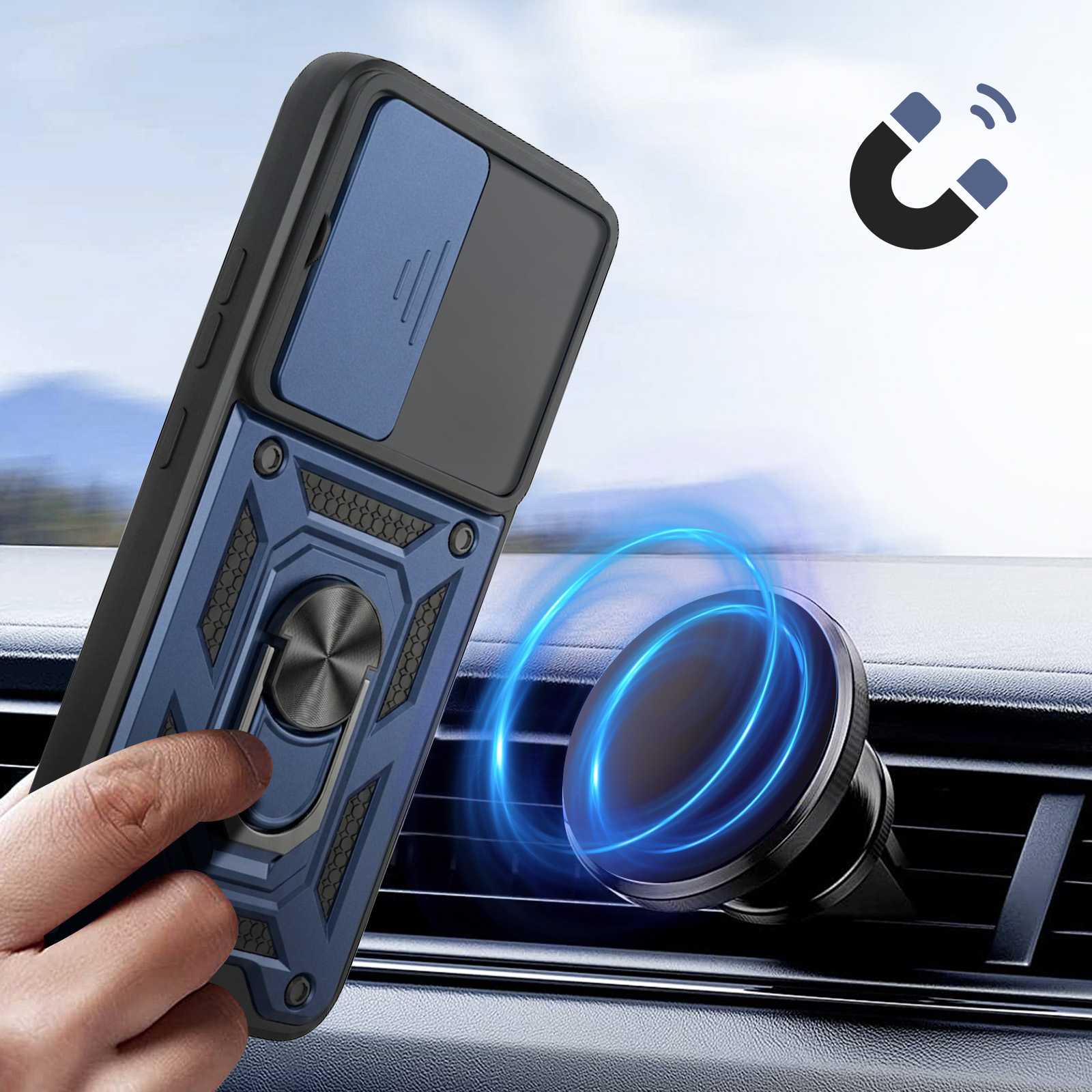 Eine Hand hält eine blaue Handyhülle mit Ringhalter vor einem Auto-Lüftungsschlitz.