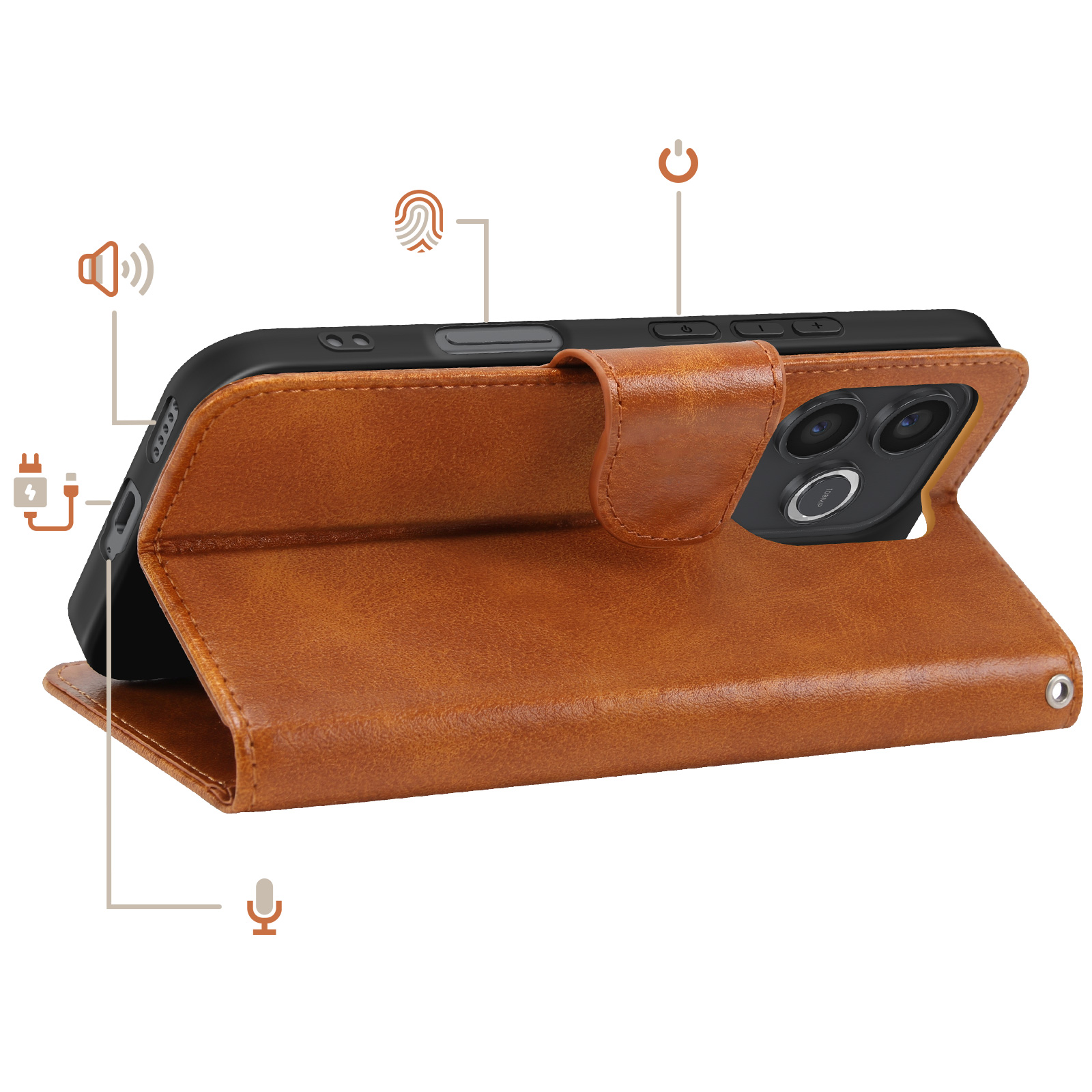 Funda de teléfono de cuero marrón abierta, mostrando teléfono, cámaras y puertos. Iconos indican funciones.