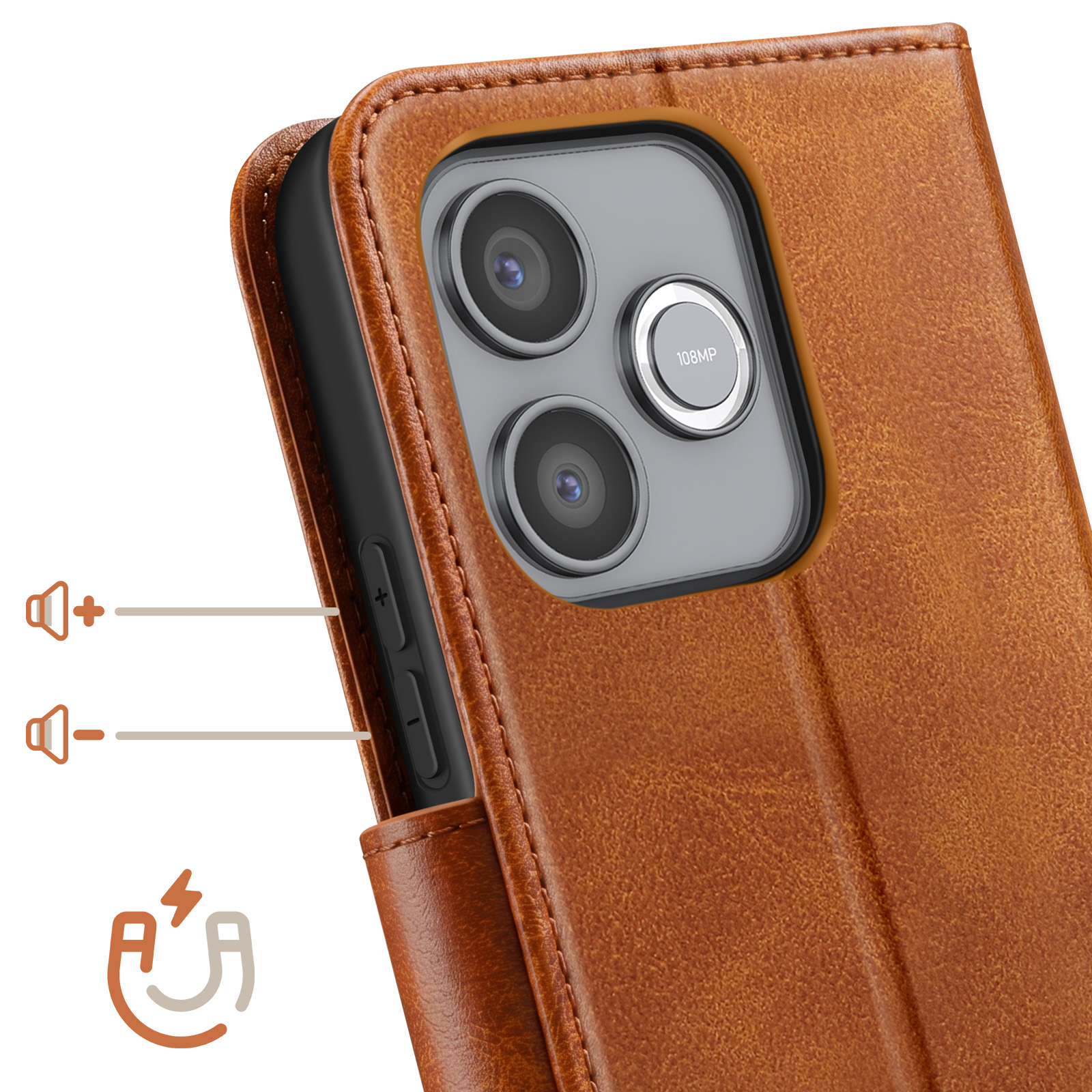 Funda de cuero marrón para smartphone con triple lente y cierre magnético.