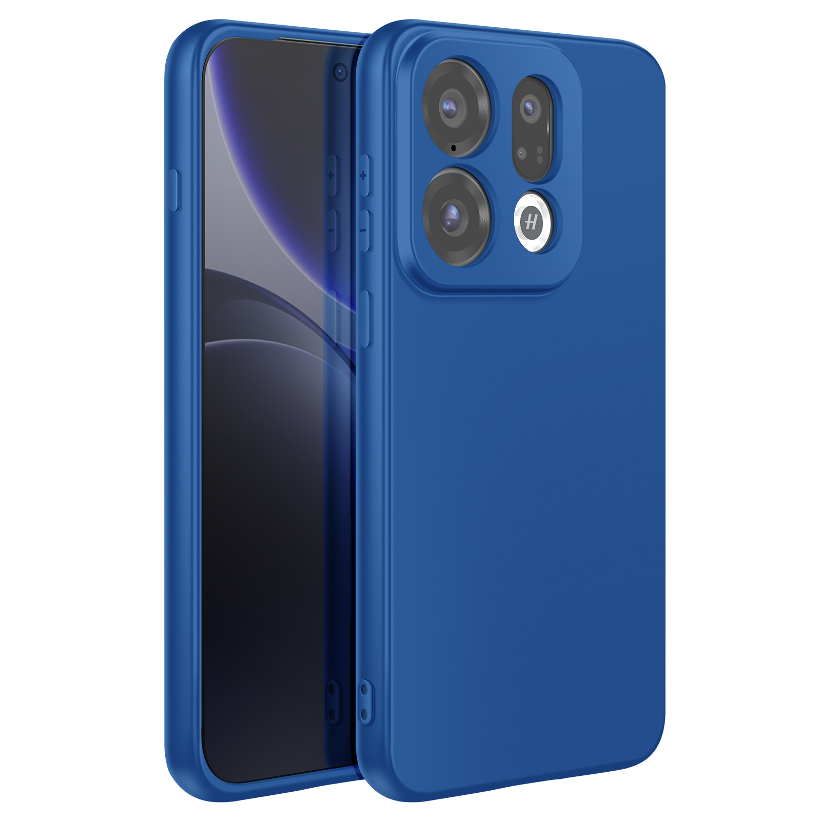 Un smartphone azul con tres cámaras y un logo circular en H.