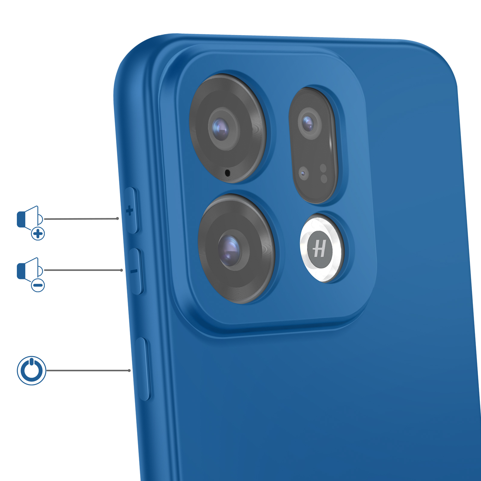 Teléfono azul con tres cámaras y botones de volumen.