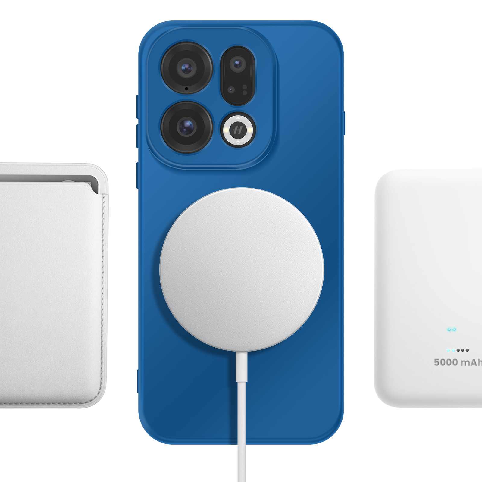 Teléfono inteligente azul con cargador MagSafe, funda blanca y banco de energía.