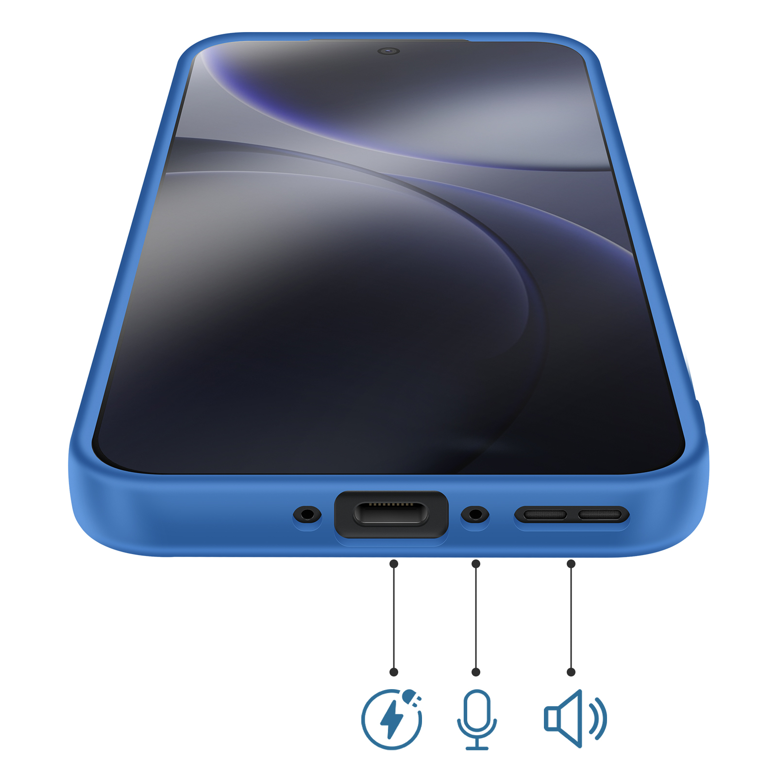 Una funda de teléfono azul que muestra un puerto de carga, micrófono y altavoz.