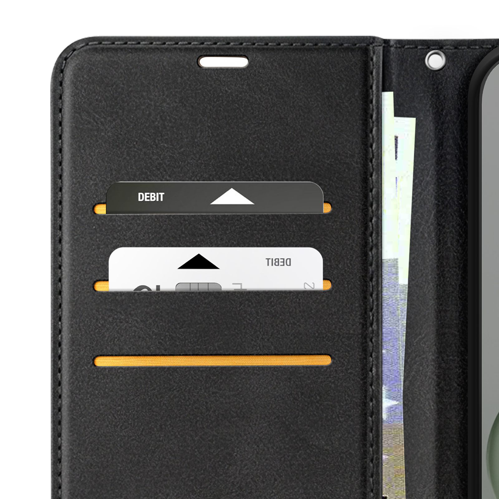 Schwarzes Wallet-Flip-Case mit Geldscheinfach und Kartenschlitzen.