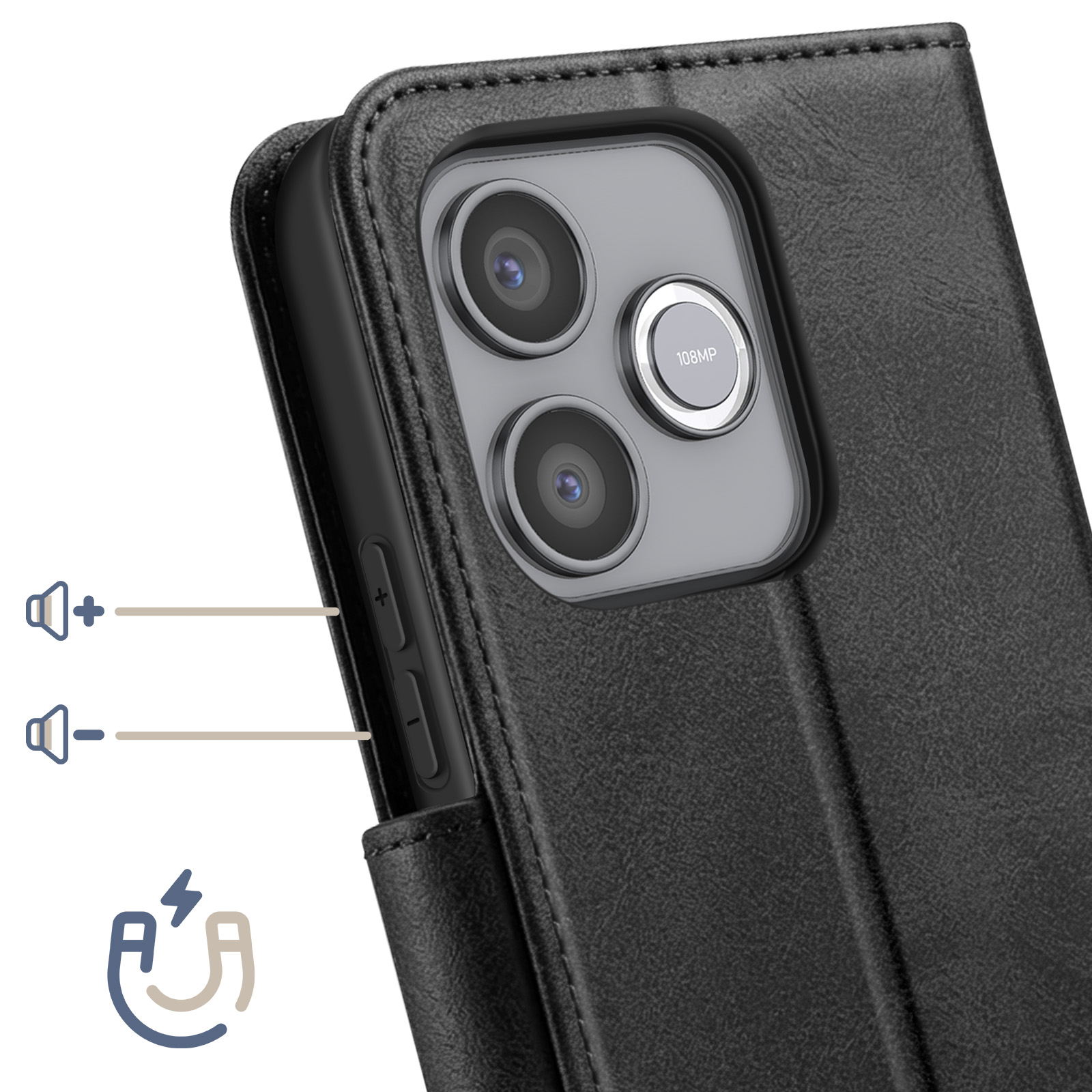 Schwarzes Leder-Flip-Case mit 108MP-Kamera, Lautstärketasten und Magnetverschluss.