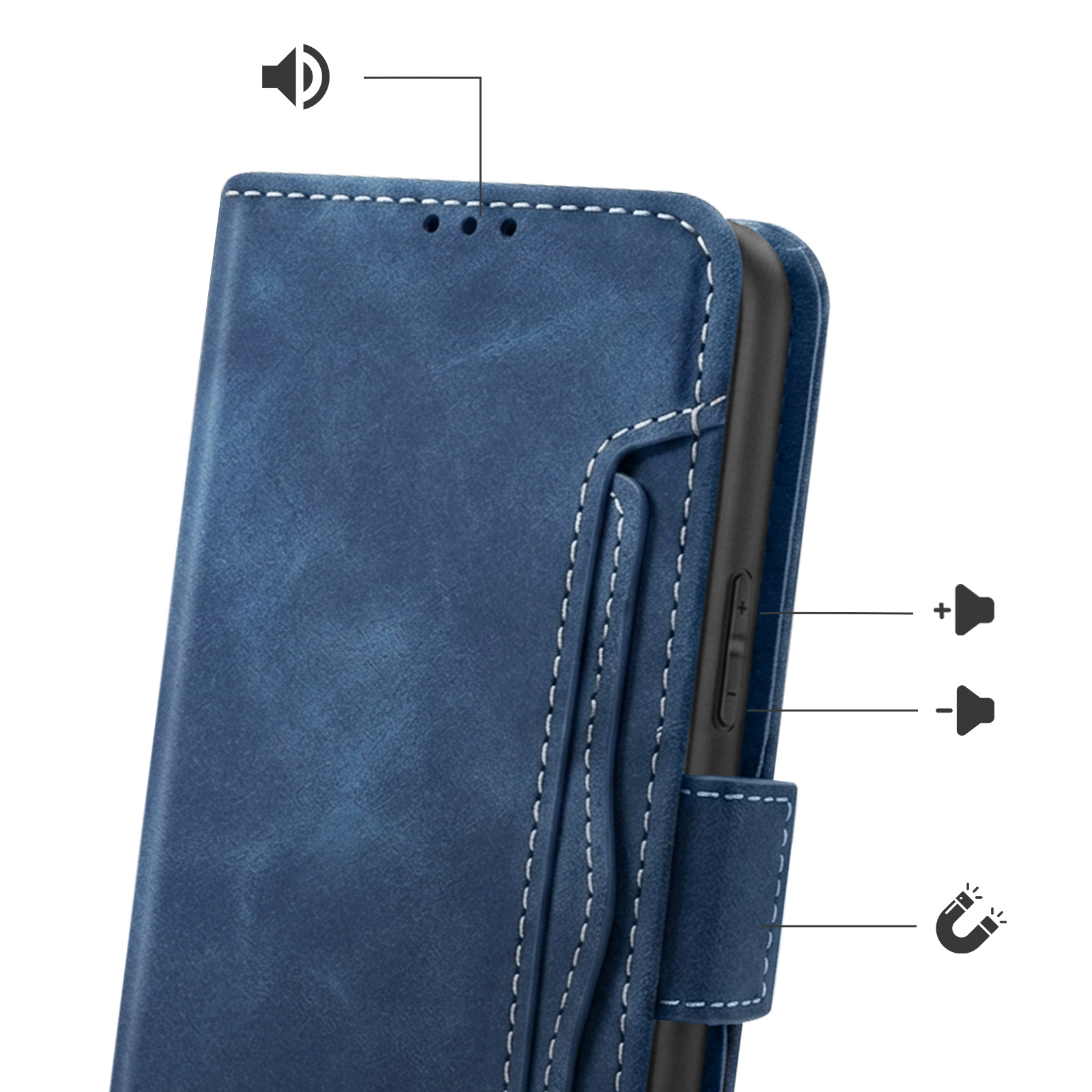 Blaue Handyhülle mit Nähten, Lautsprecher- und Magnet-Symbolen.