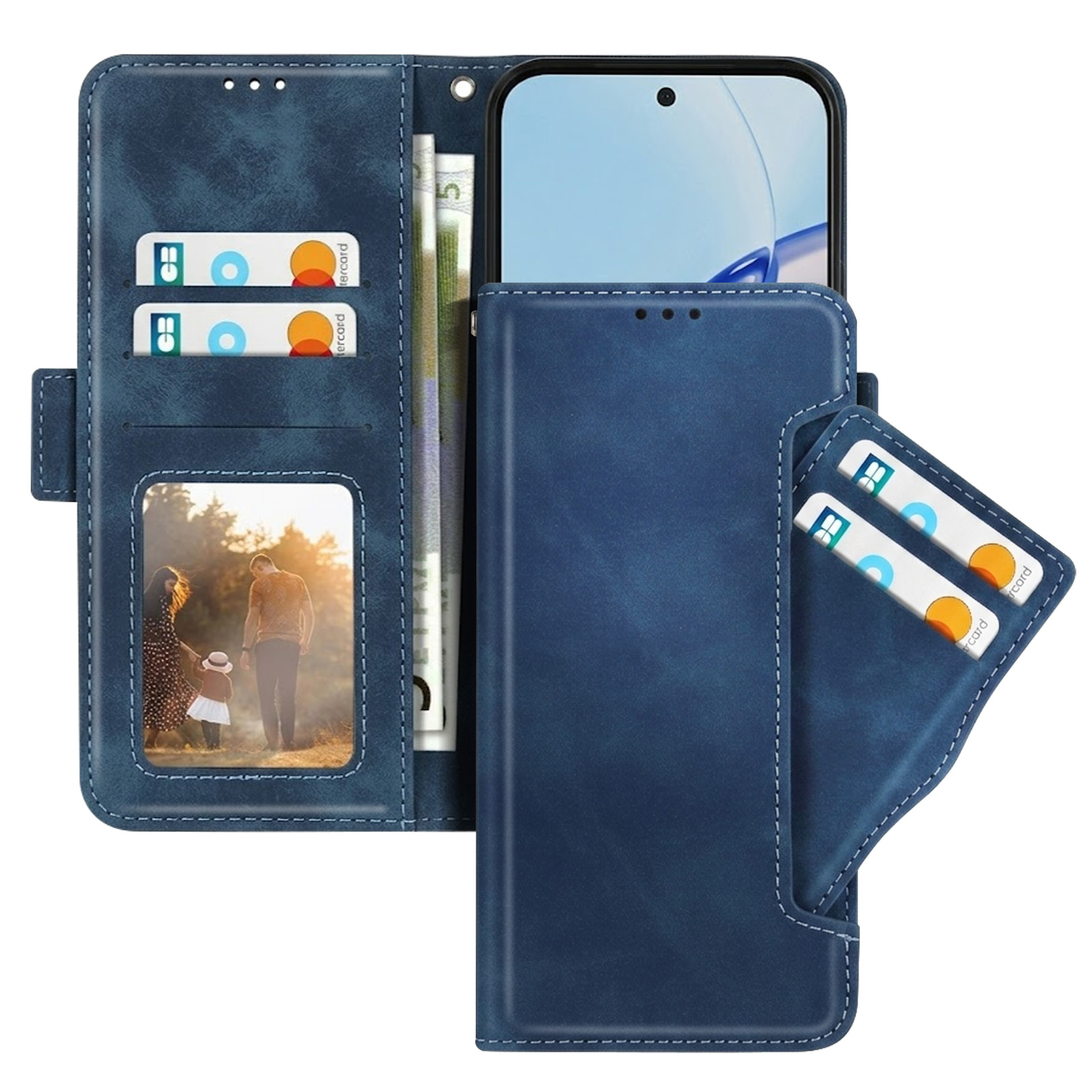 Blaue Handyhülle mit Kartenfächern, Geld und Foto im Inneren.
