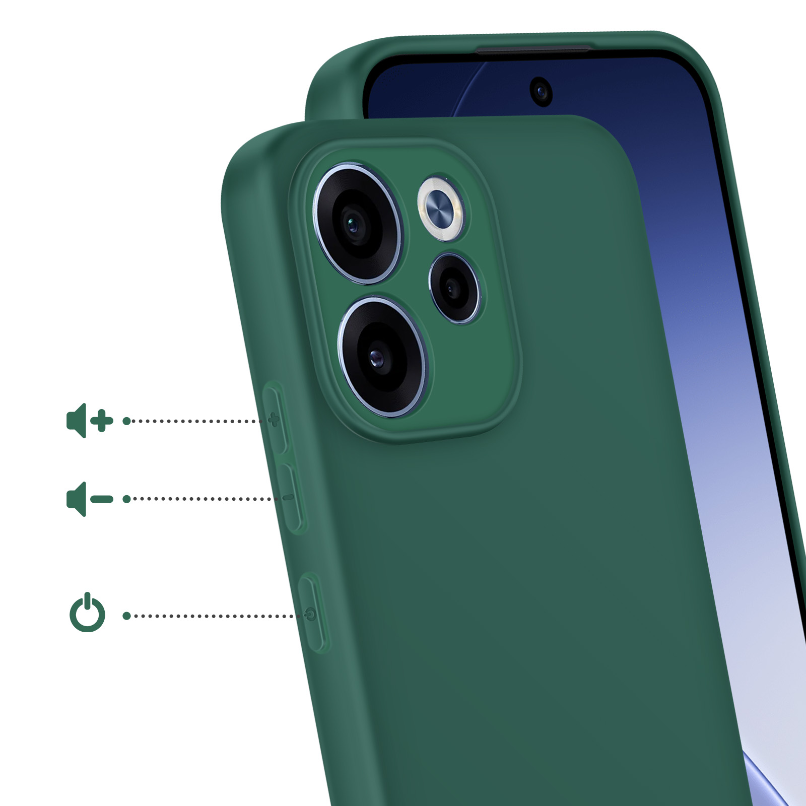 Ein grünes Handy mit drei Kameralinsen, Lautstärke- und Ein/Aus-Tasten.