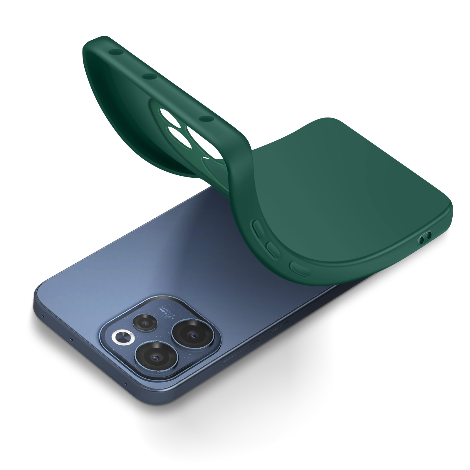 Ein dunkelgrüner Handyhülle wird über ein blaues Smartphone gelegt.