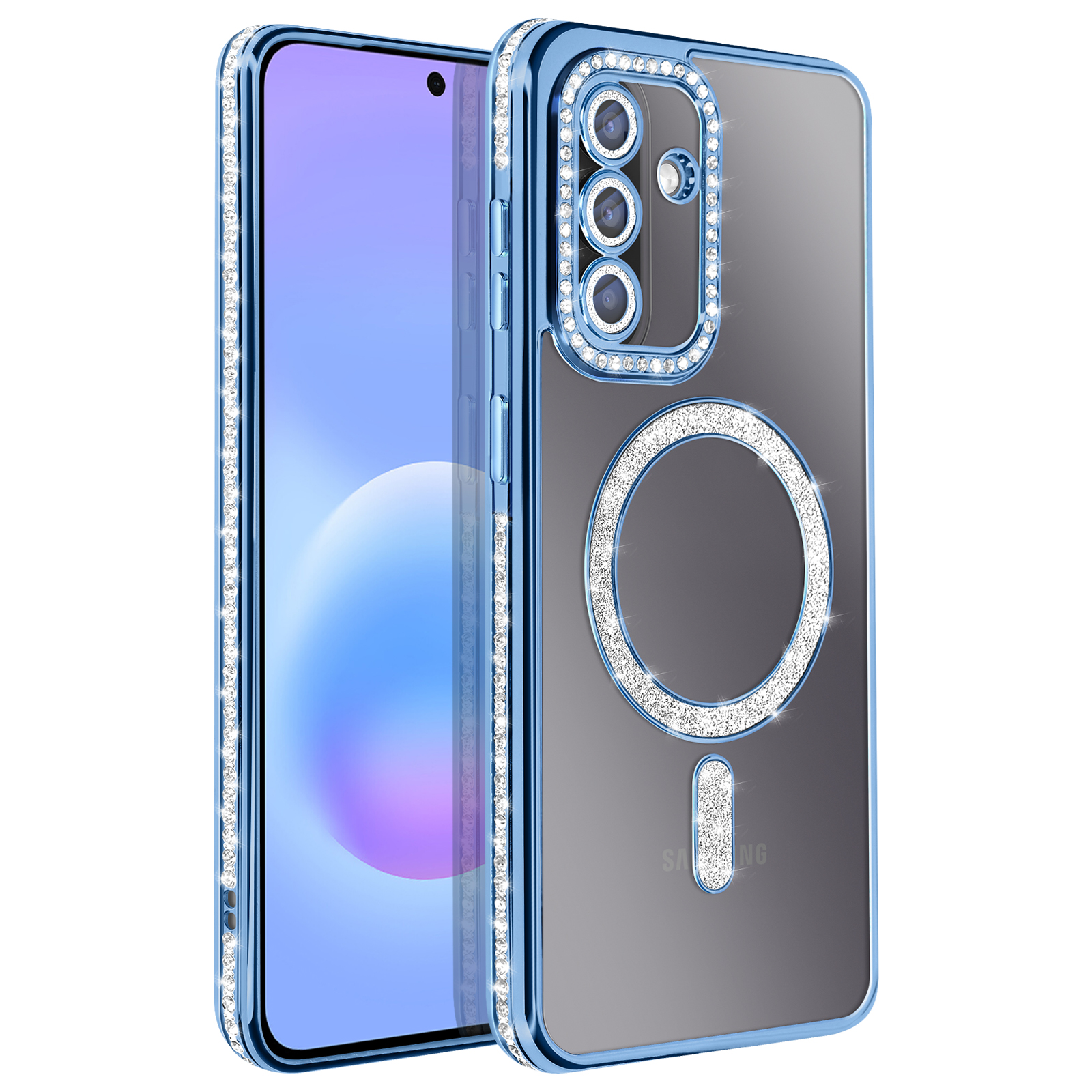 Ein blaues Handyhülle mit Glitzersteinen und drei Kameras.