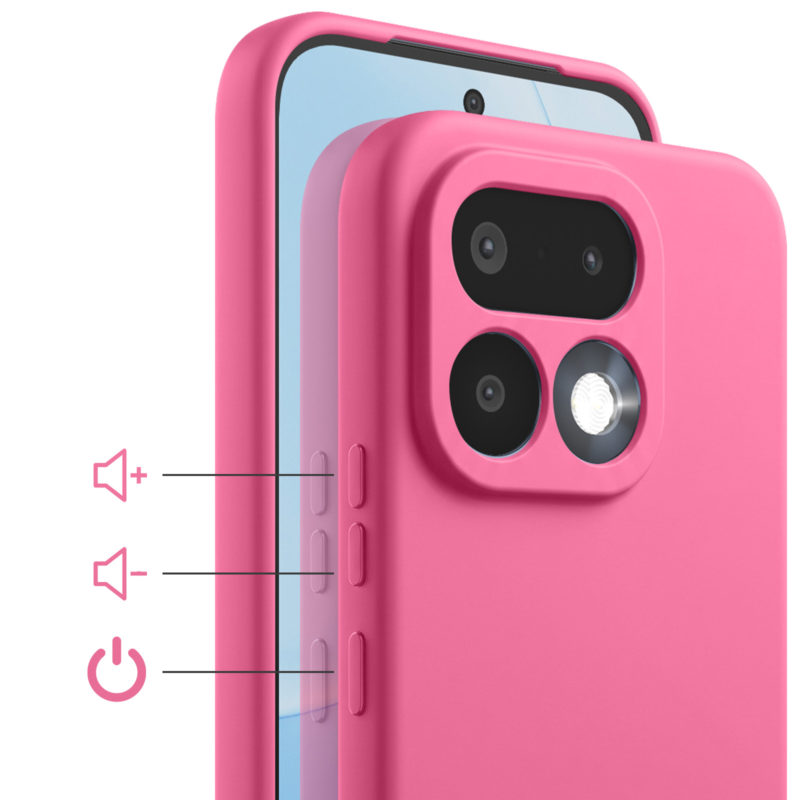 Ein pinkes Handy mit Kameralinsen und Lautstärketasten.