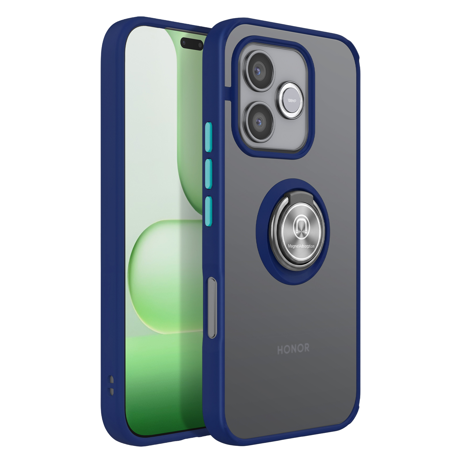 Blaues Handycase mit transparentem Rücken, Ringhalterung und drei Kameras.