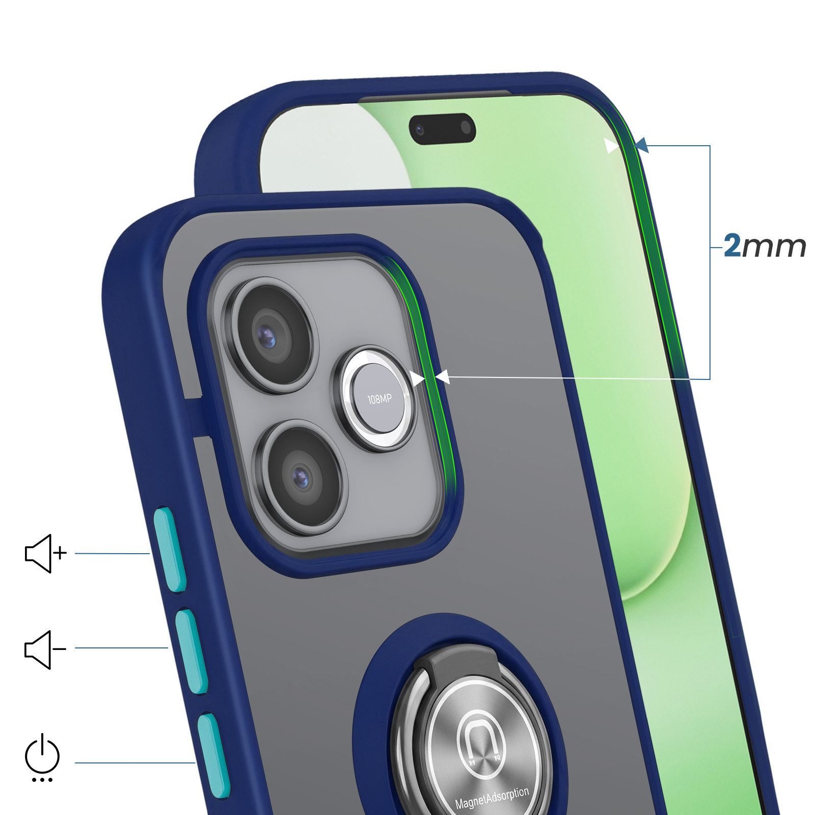 Blaues Handycase mit 3 Kameras, Ringhalterung und 2mm Schutz.