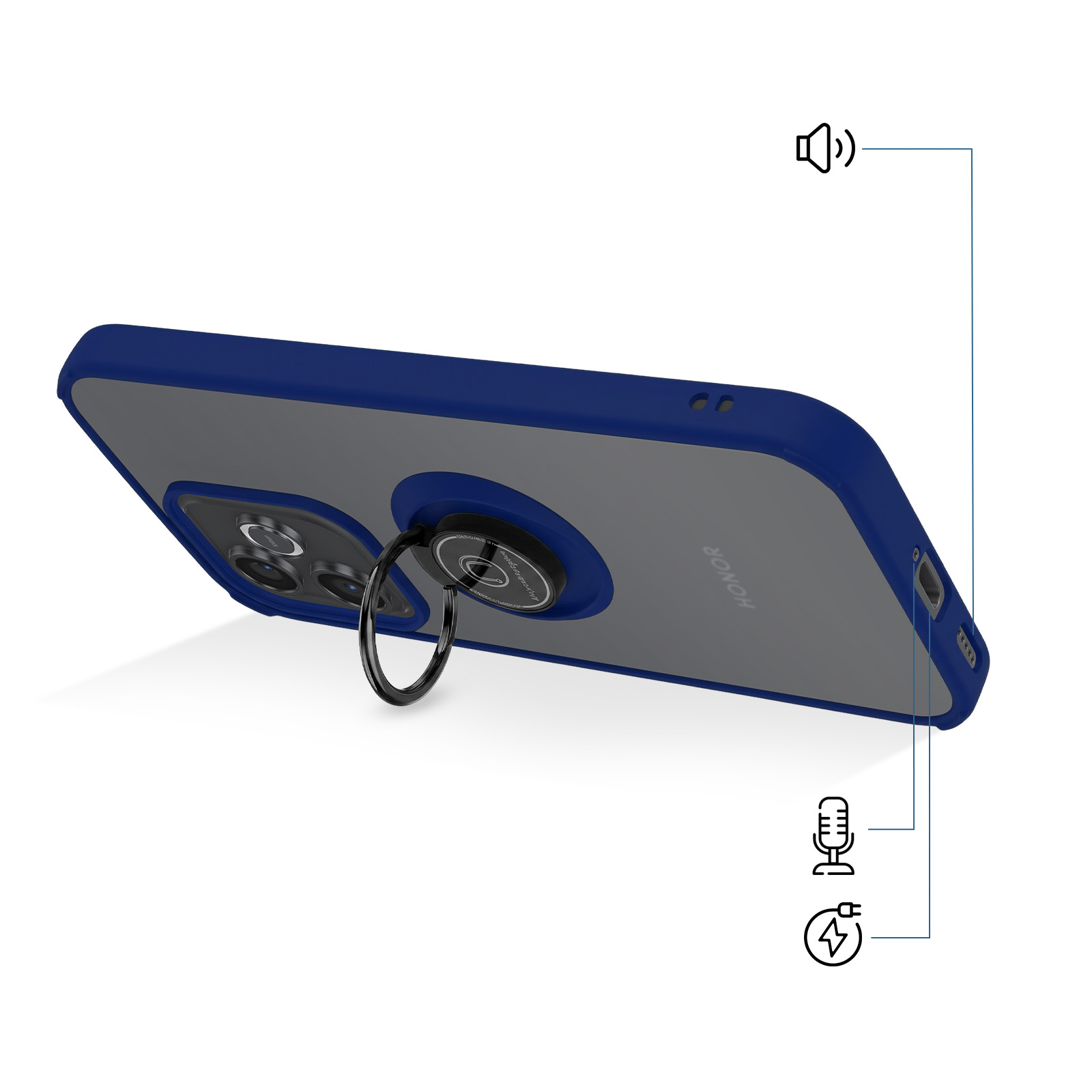 Ein blaues Handy mit Ringhalter und Kamera. Symbole für Ton, Mikrofon, Ladung.