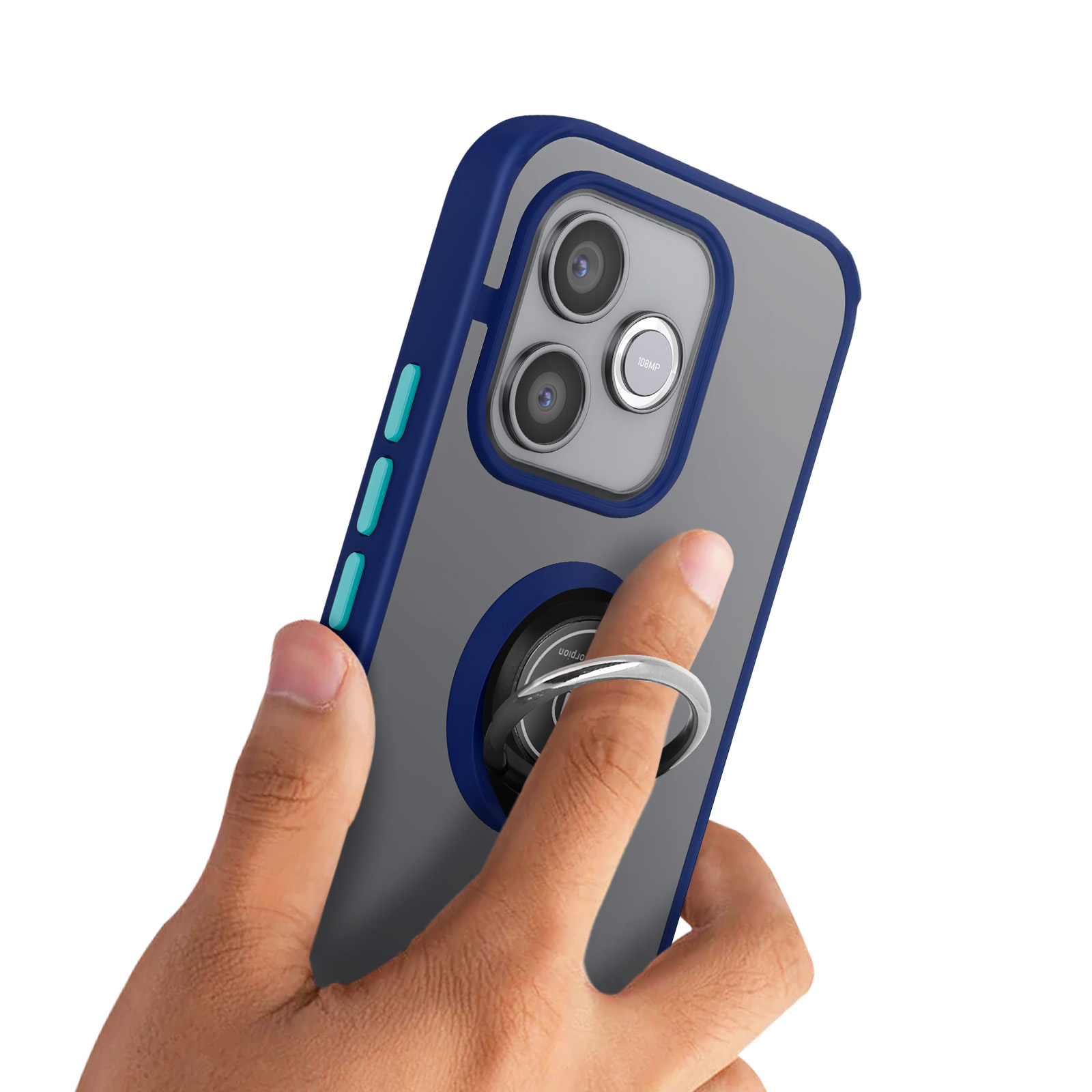 Eine Hand hält ein Smartphone mit blauer Hülle und Ringhalterung.