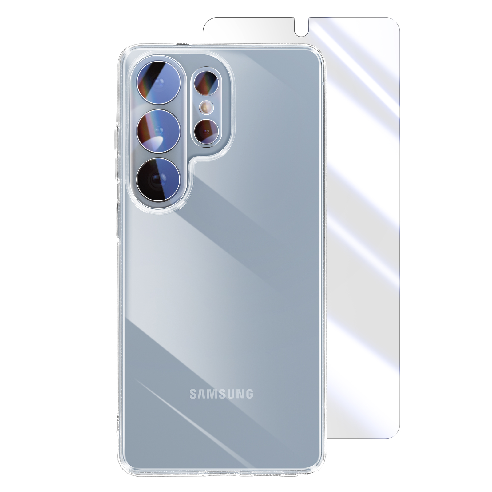 Klare Handyhülle auf einem Samsung-Handy mit Displayschutzfolie daneben.