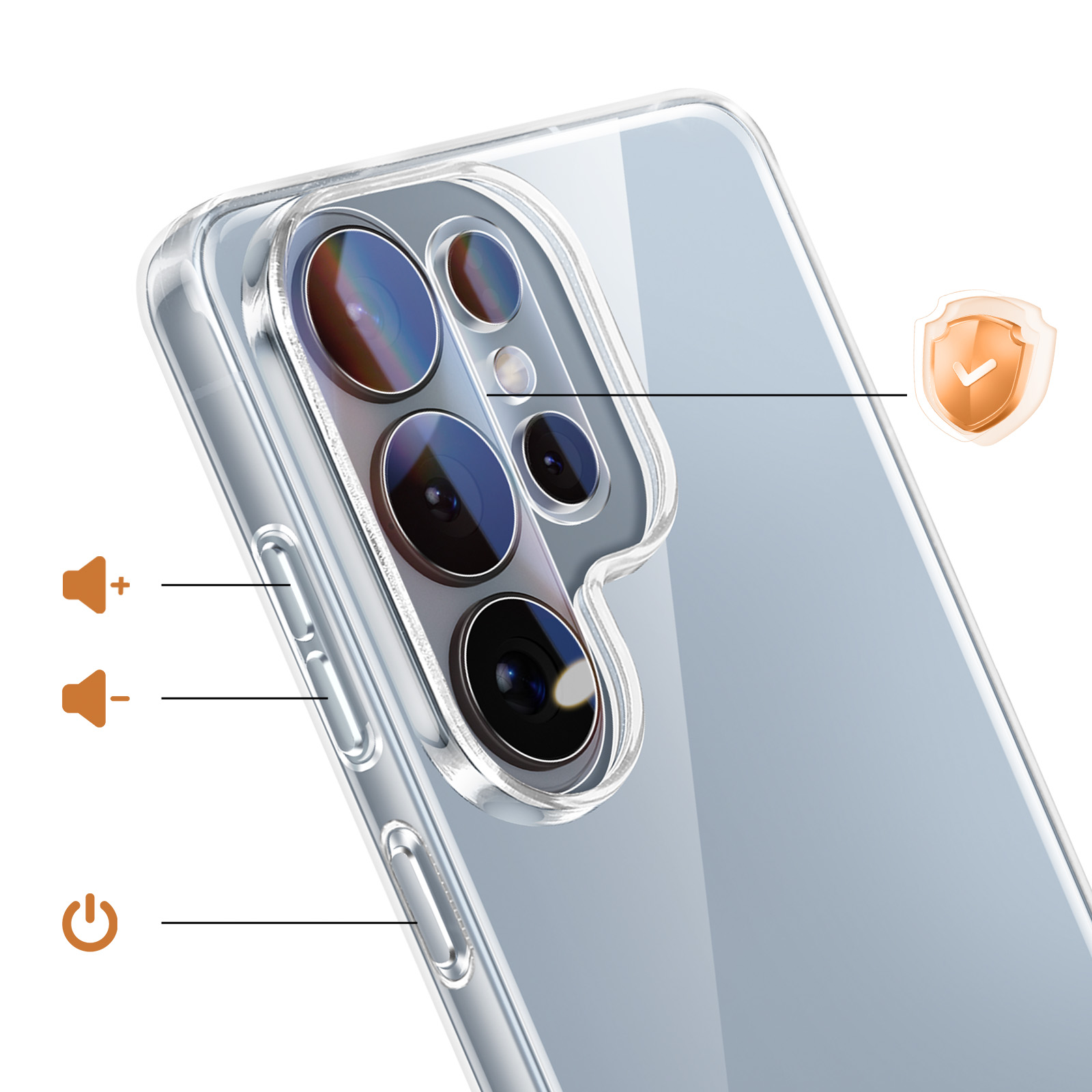 Klare Handyhülle mit Kamera-Ausschnitt, Lautstärke- und Power-Buttons.