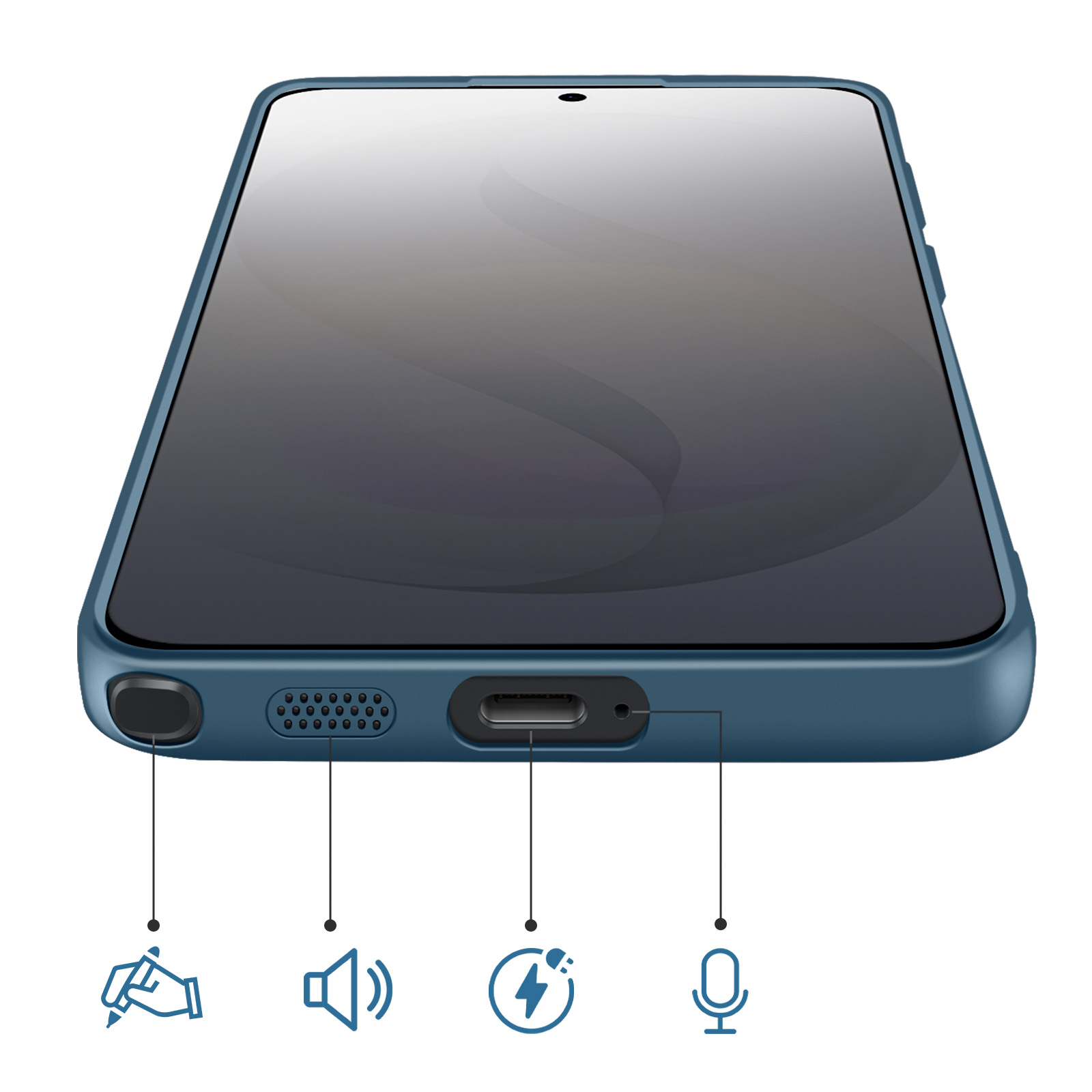 Ein blaues Smartphone mit beschrifteten Anschlüssen: Stift, Lautsprecher, Ladegerät, Mikrofon.
