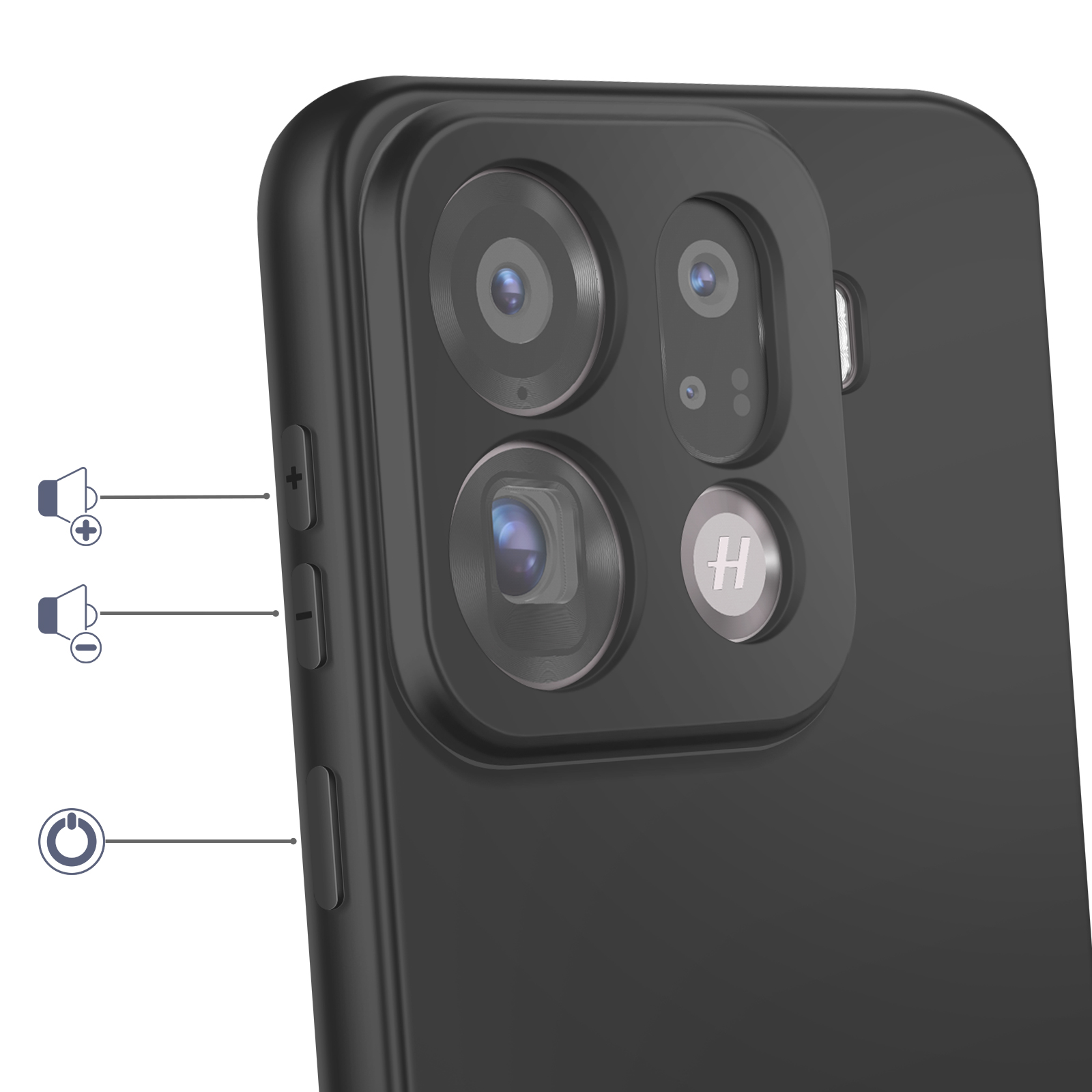 Schwarzes Handy-Case mit Kamera-Array und Lautstärke- und Power-Buttons.