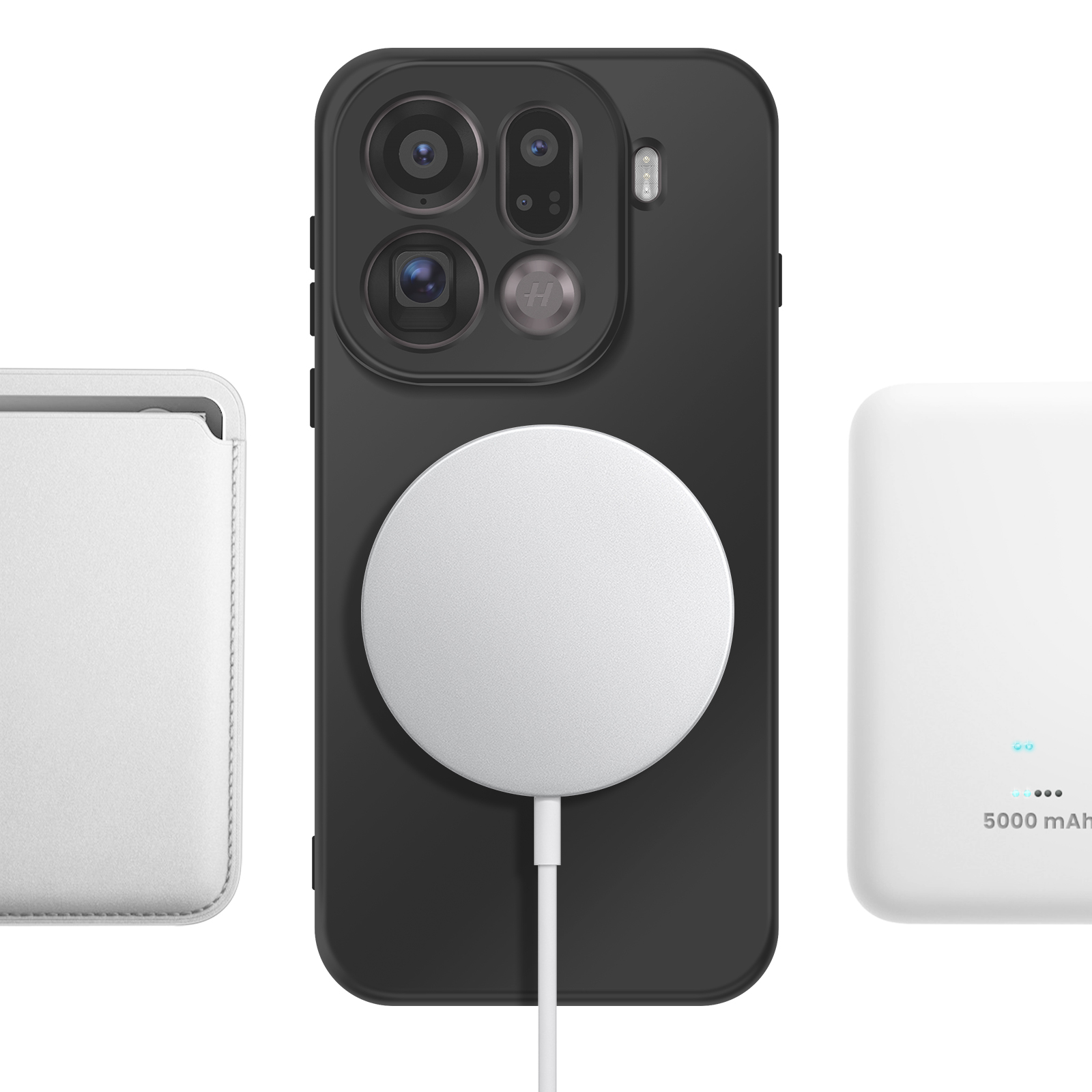 Ein schwarzes iPhone mit MagSafe-Ladegerät, daneben eine weiße Hülle und ein weißer Akku.
