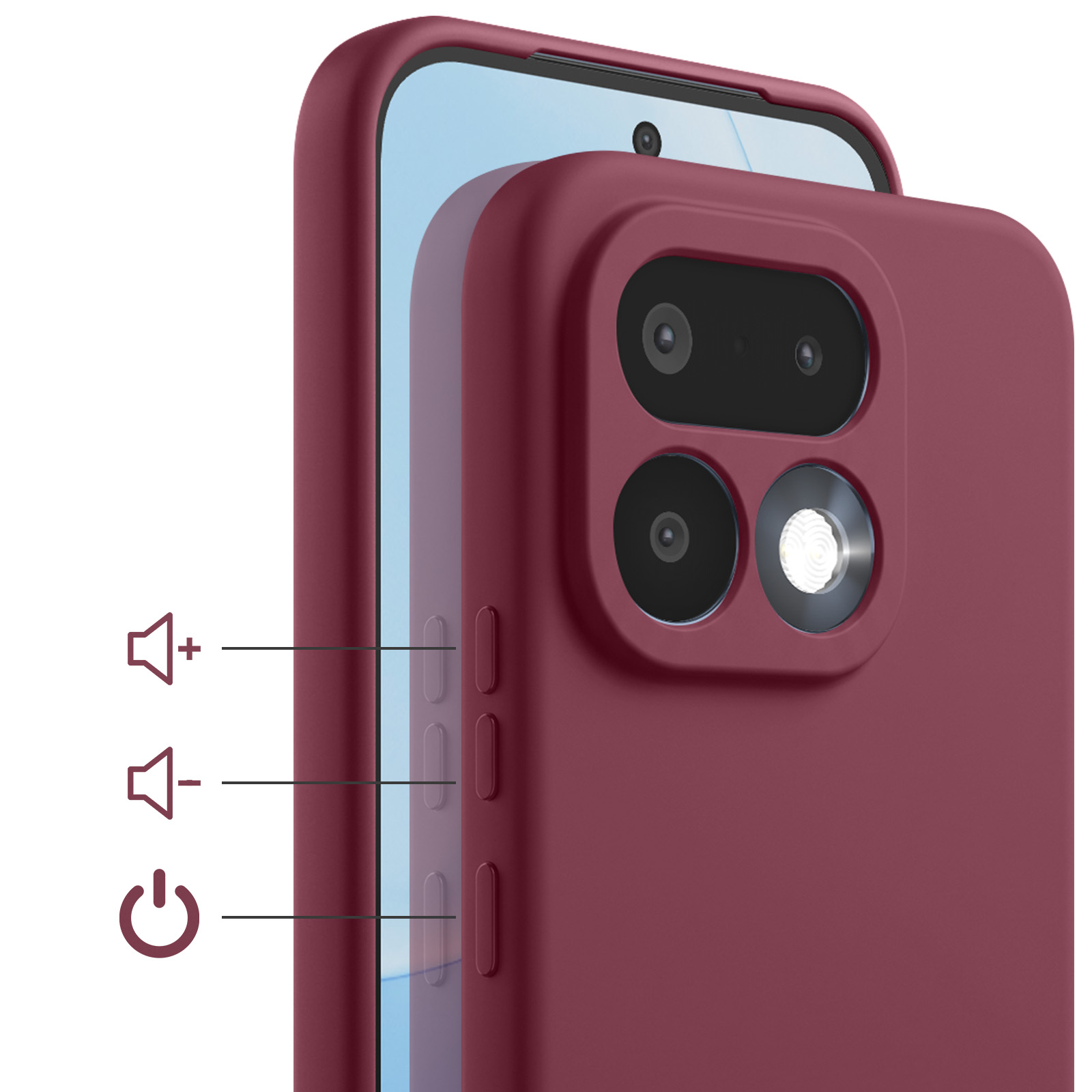 Rotes Handy mit Kamera, Blitz und Lautstärketasten.