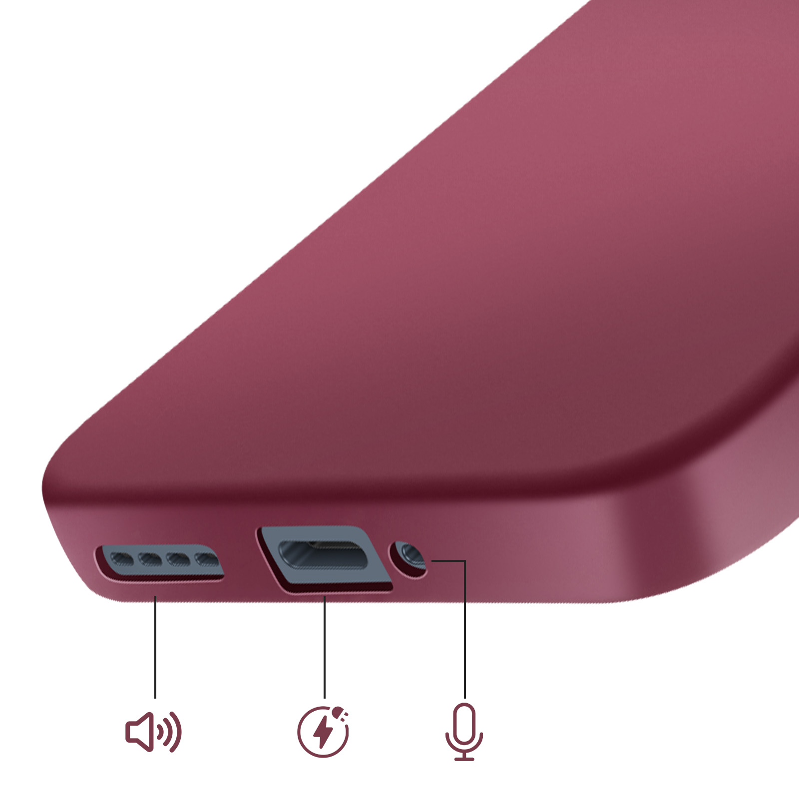 Detailansicht eines roten Handygehäuses mit Anschlüssen und Symbolen für Lautsprecher, Laden und Mikrofon.