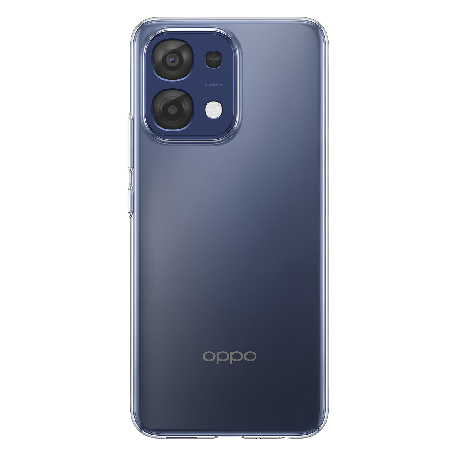 Funda de teléfono transparente con degradado azul oscuro y módulo de cámara.