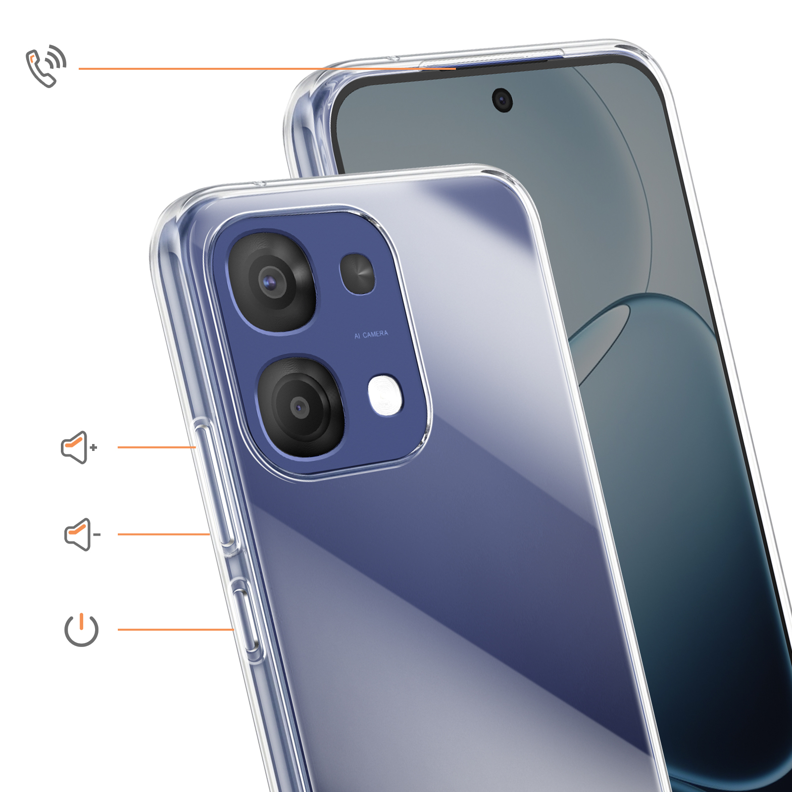 Funda transparente para teléfono sobre un smartphone mostrando cámara y botones.