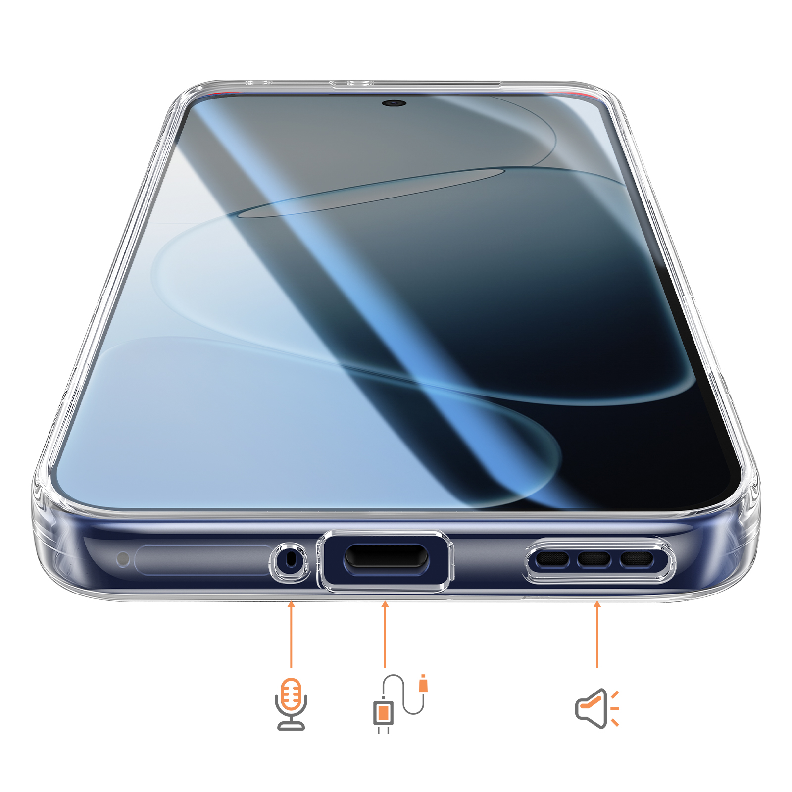 Un smartphone con funda transparente, que muestra un puerto, conector y altavoces en la parte inferior.