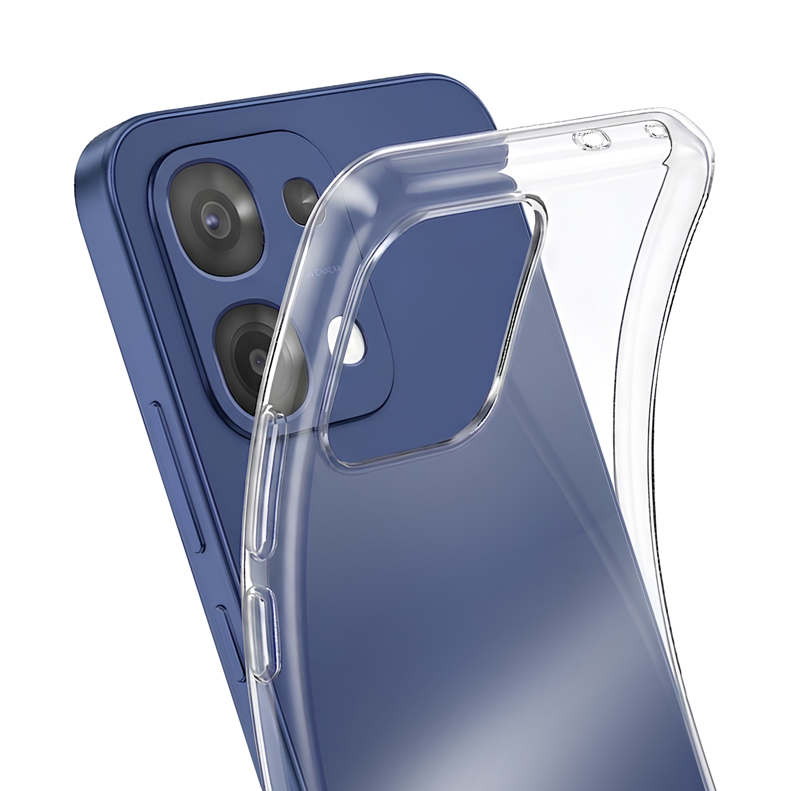 Una funda transparente para teléfono se coloca sobre un teléfono azul.