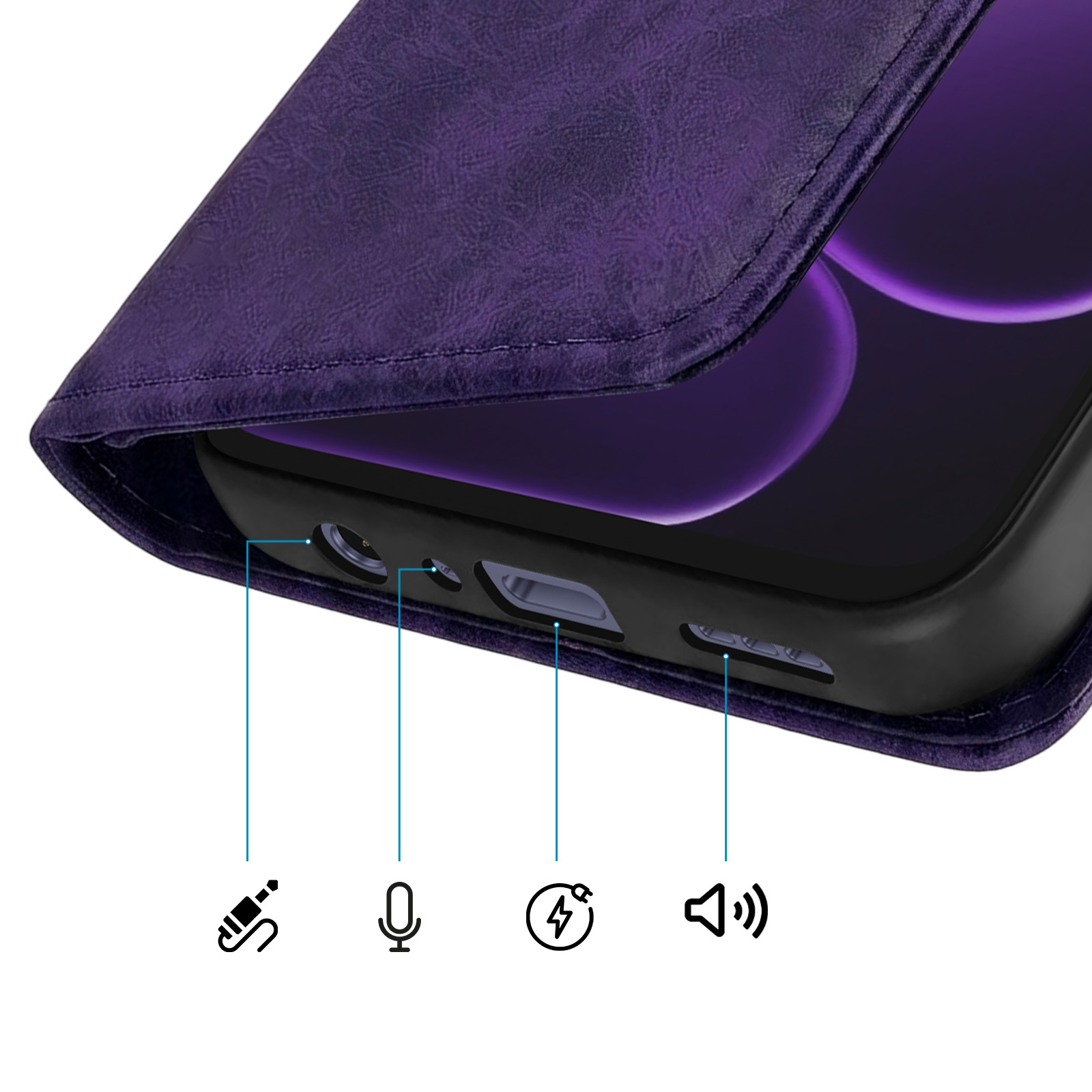 Ein violetter Handy-Schutz mit Anschlüssen und Symbolen für Ton, Laden und Mikrofon.