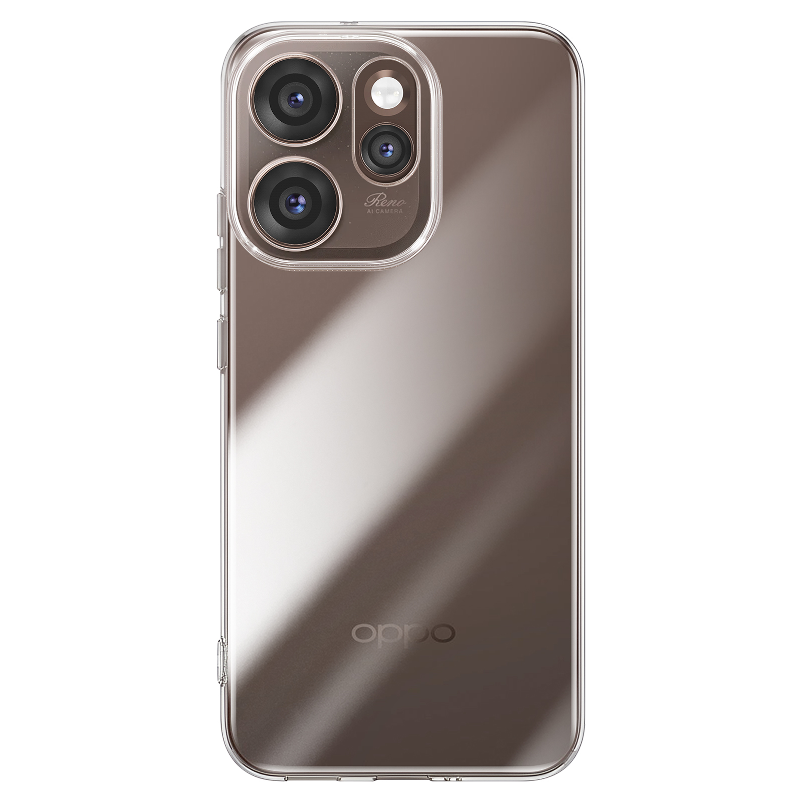 Transparente Handyhülle mit dreifacher Kamera und OPPO-Logo.