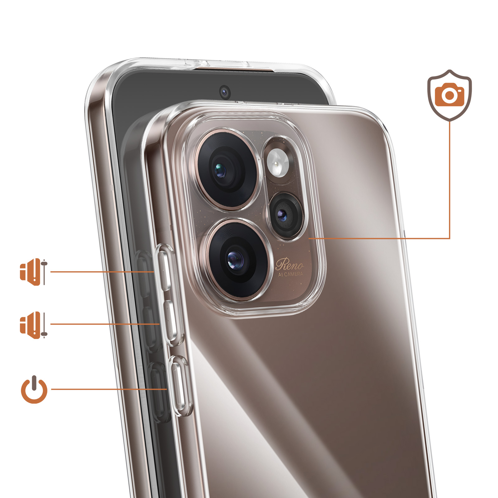 Ein durchsichtiges Handy-Case mit Kamera- und Tasten-Icons.