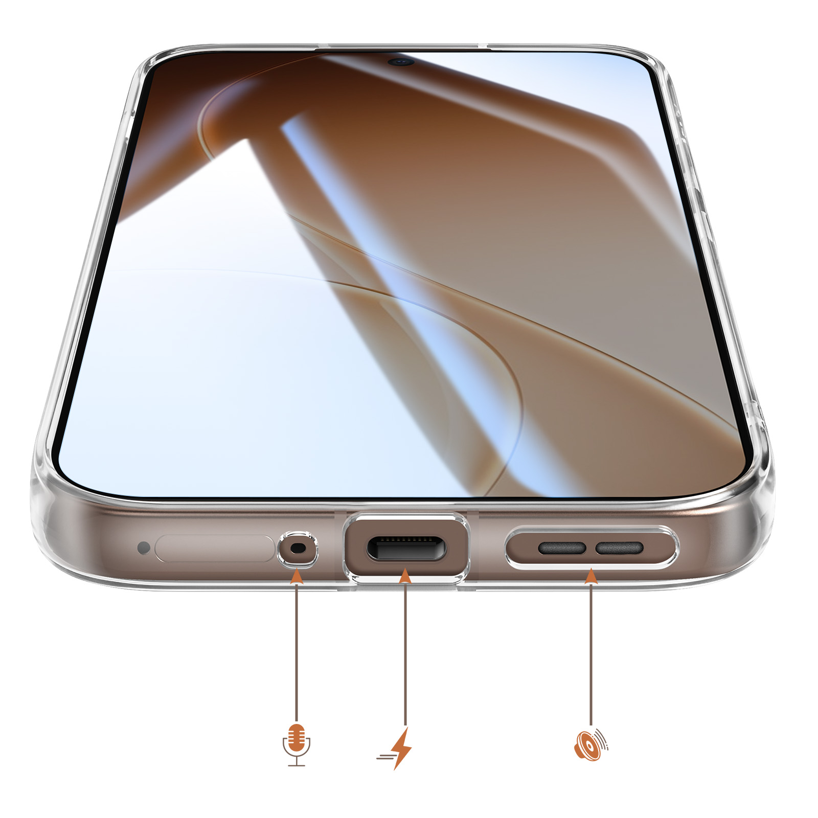 Ein transparentes Handyhülle zeigt einen USB-C-Anschluss, Kopfhörerbuchse und Lautsprecher.