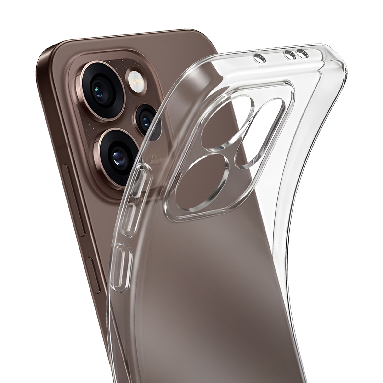 Eine transparente Schutzhülle über einem braunen Smartphone mit drei Kameras.