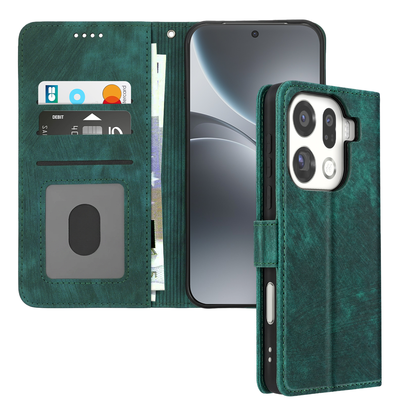 Funda de teléfono verde con ranuras para tarjetas, dinero y teléfono.
