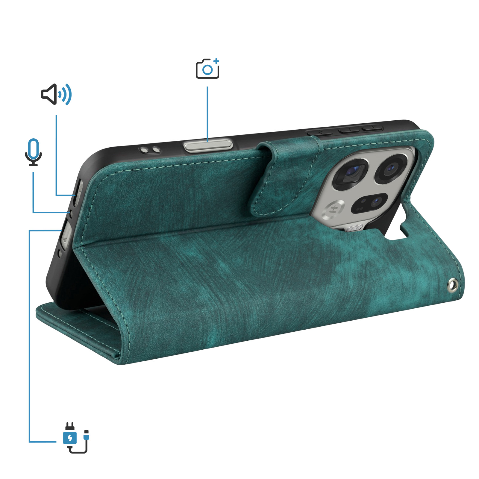 Funda de teléfono azul verdoso con iconos de cámara, micrófono, altavoz y puerto de carga.