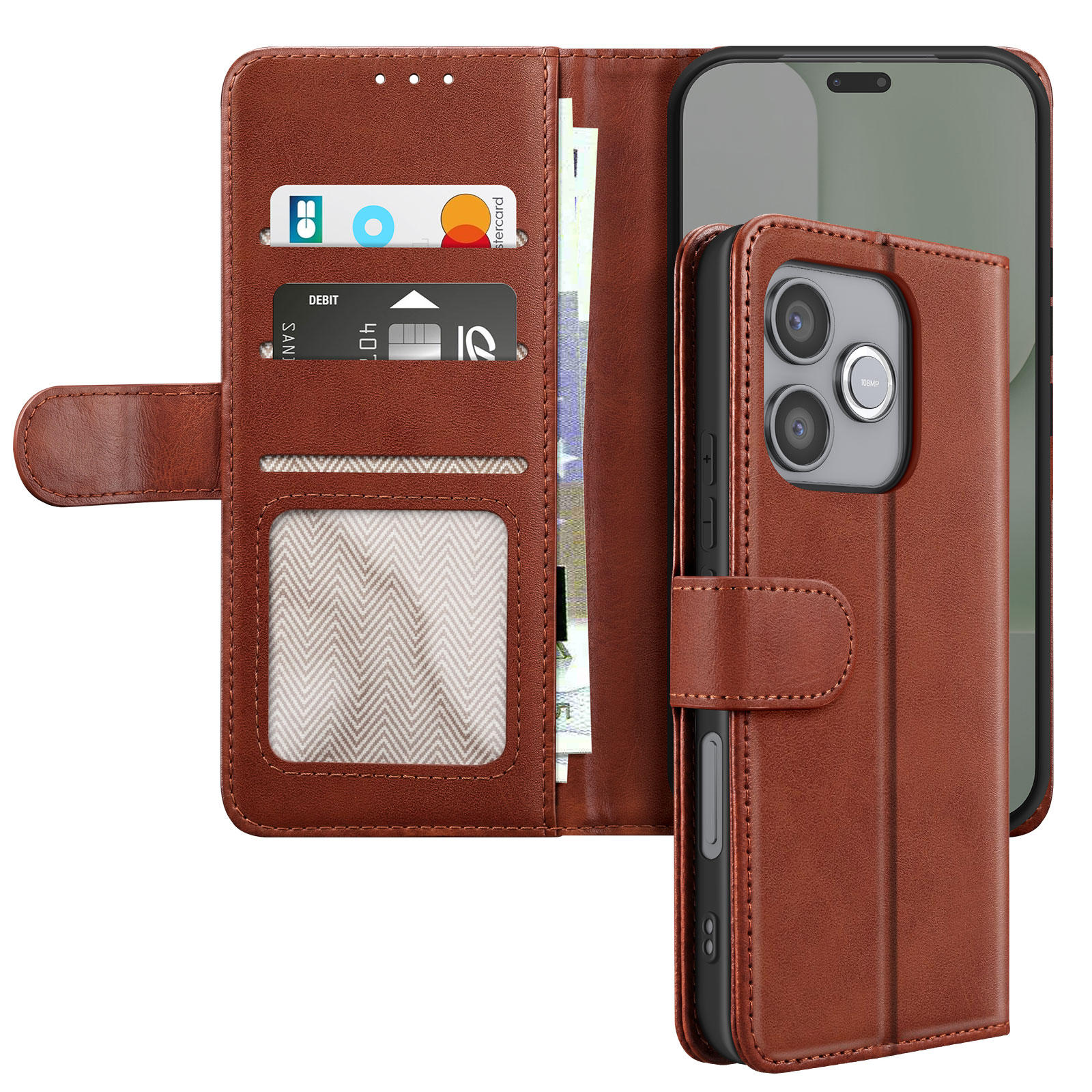 Funda de teléfono de cuero marrón con ranuras para tarjetas y un teléfono.