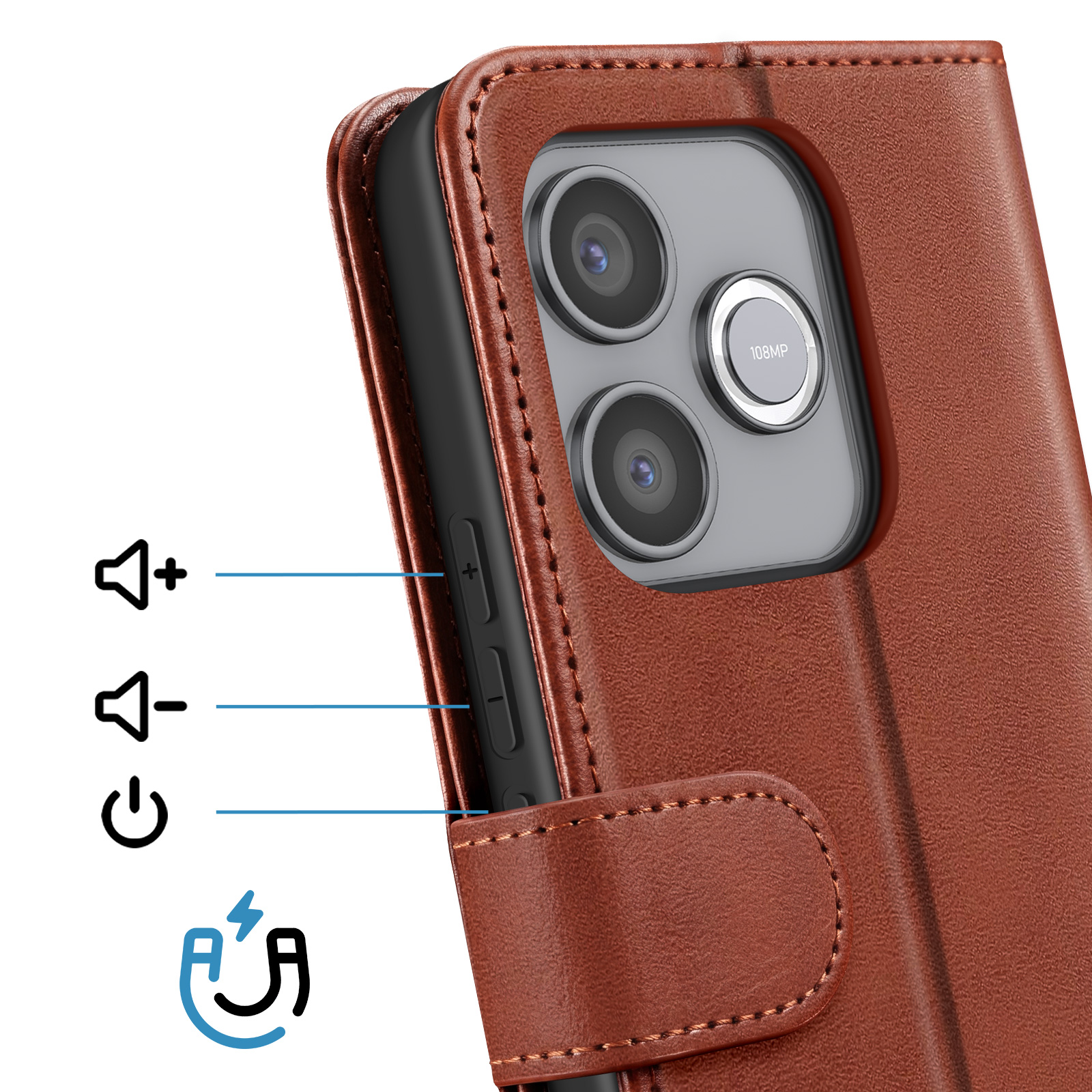 Funda de cuero marrón para teléfono con cámara y botones.