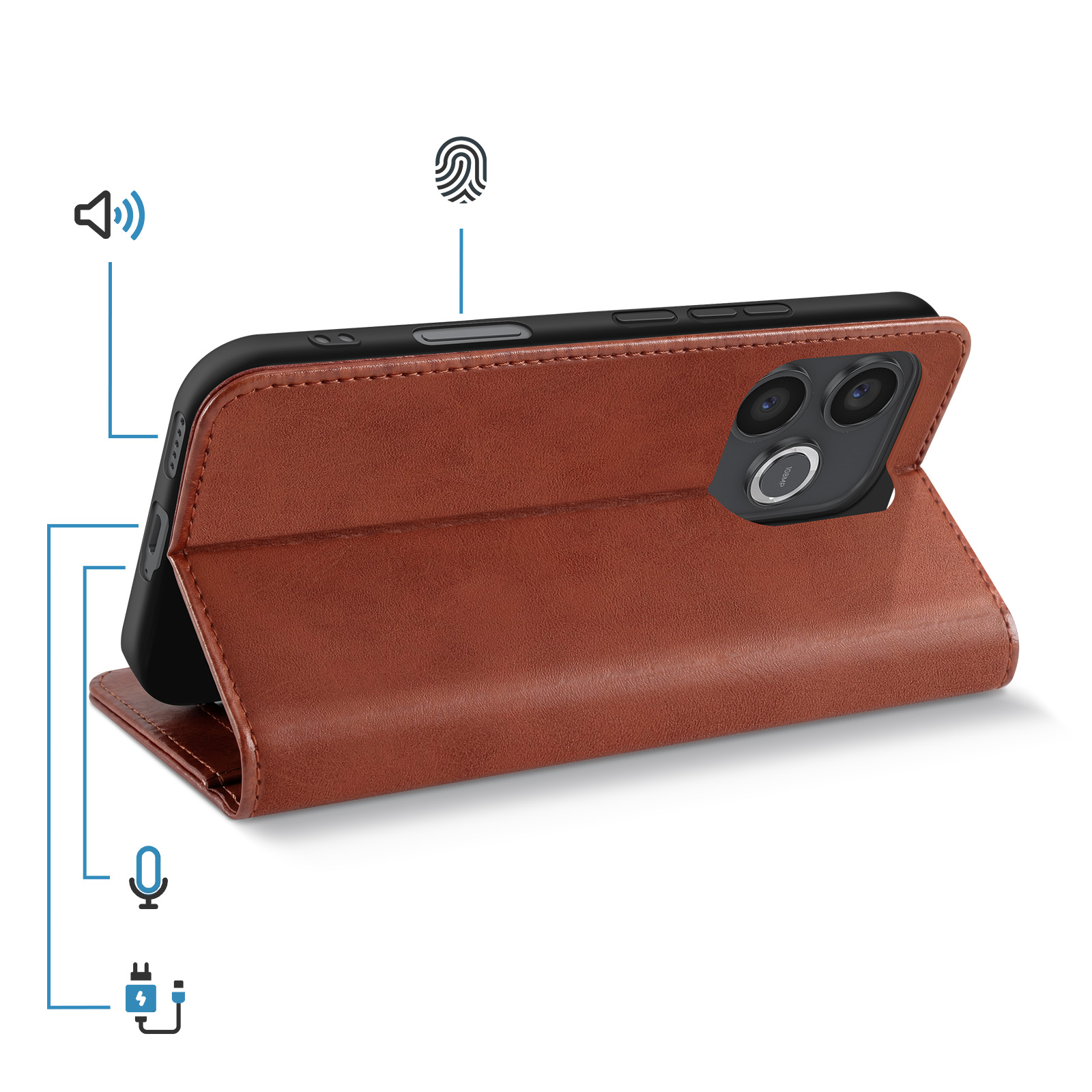 Funda de cuero marrón para smartphone con cámaras e iconos de altavoz, huella dactilar y cargador.
